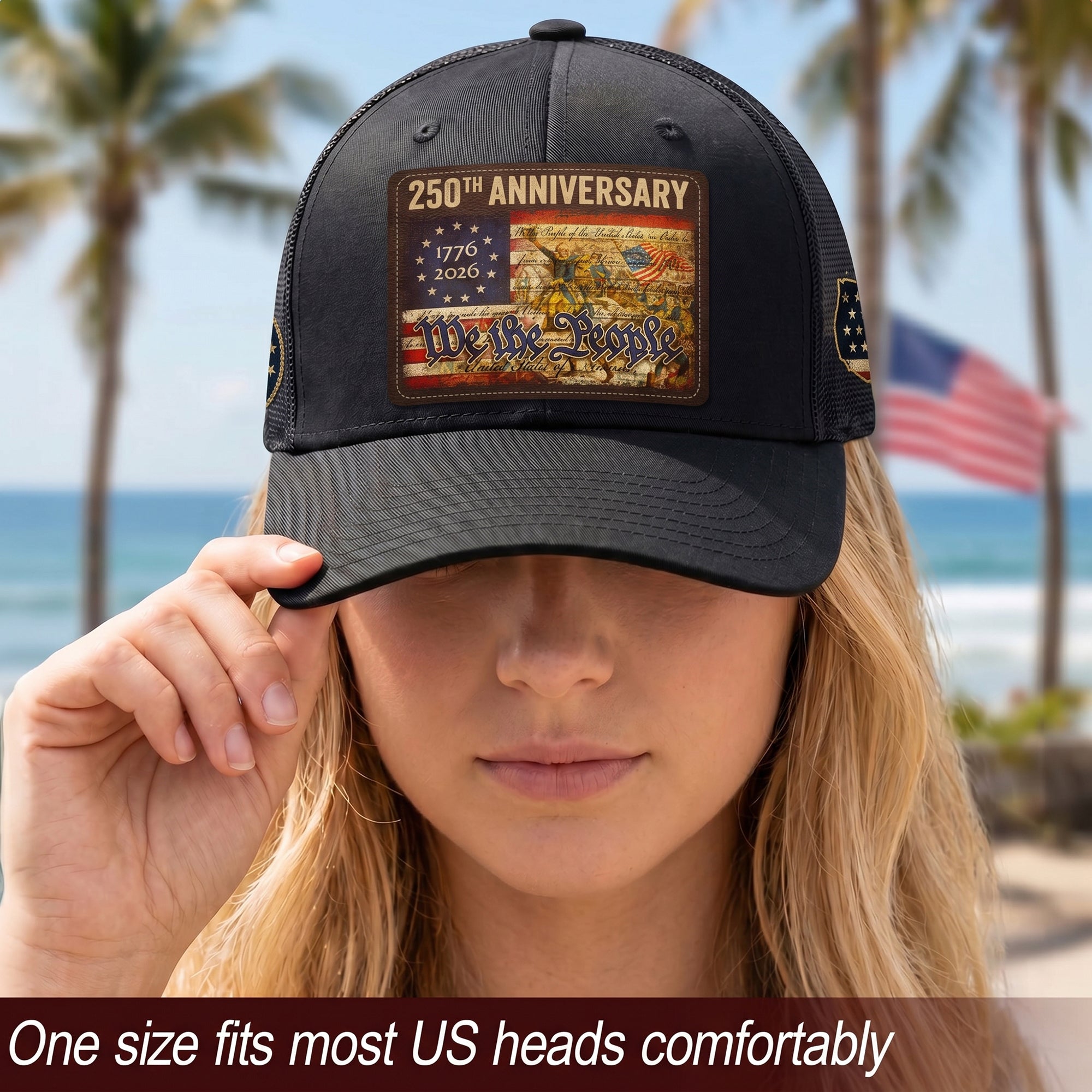 USA 250th Anniversary We The People Leather Patch Trucker Hat Patriotic Mesh Cap