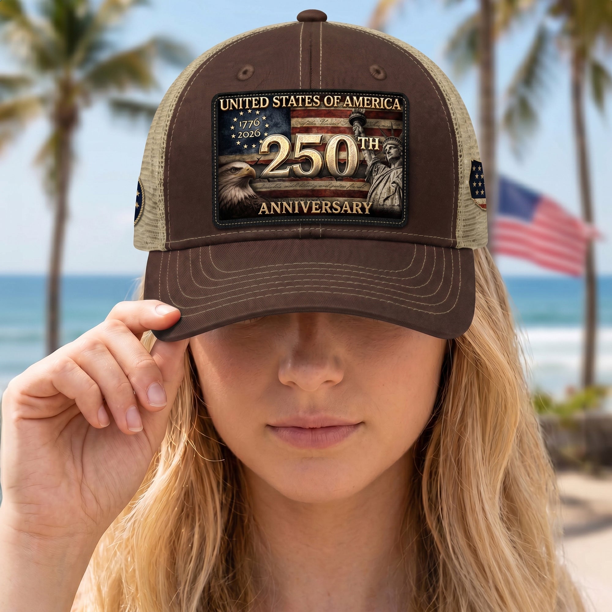 USA 250th Anniversary Leather Patch Trucker Hat Eagle & Statue of Liberty Mesh Cap