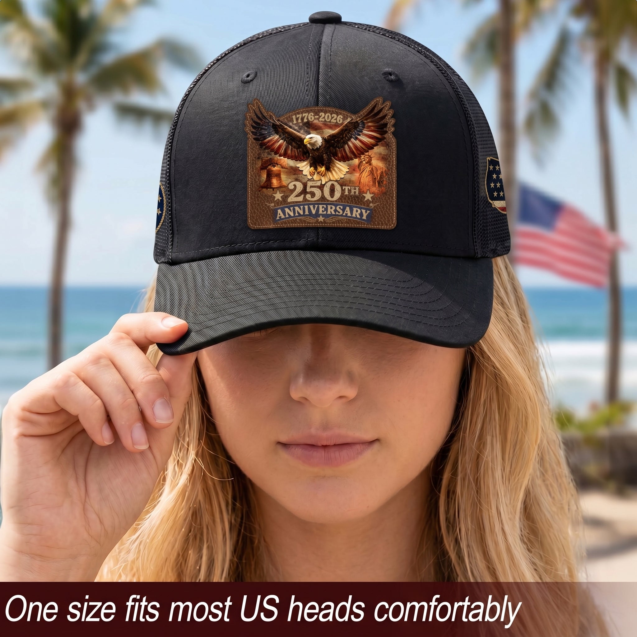 1776-2026 USA Heritage Leather Patch Trucker Cap Patriotic Eagle & Liberty Bell Hat