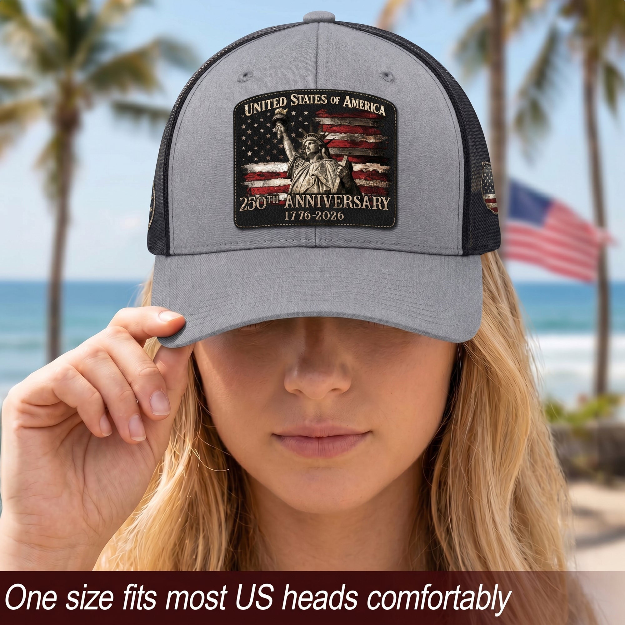 United States 1776-2026 Leather Patch Cap Patriotic Statue of Liberty Mesh Hat