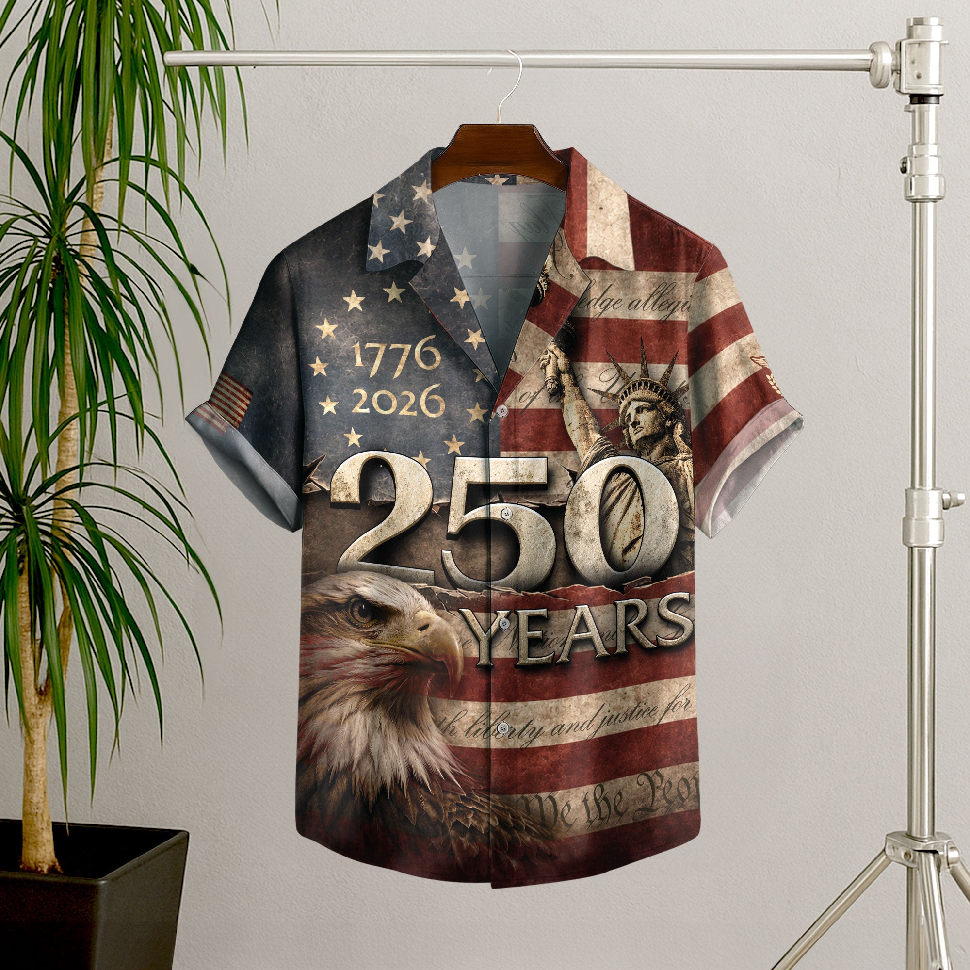 Hawaiian Shirt 250th Anniversary Vintage US Tattered Flag Patriotic Eagle