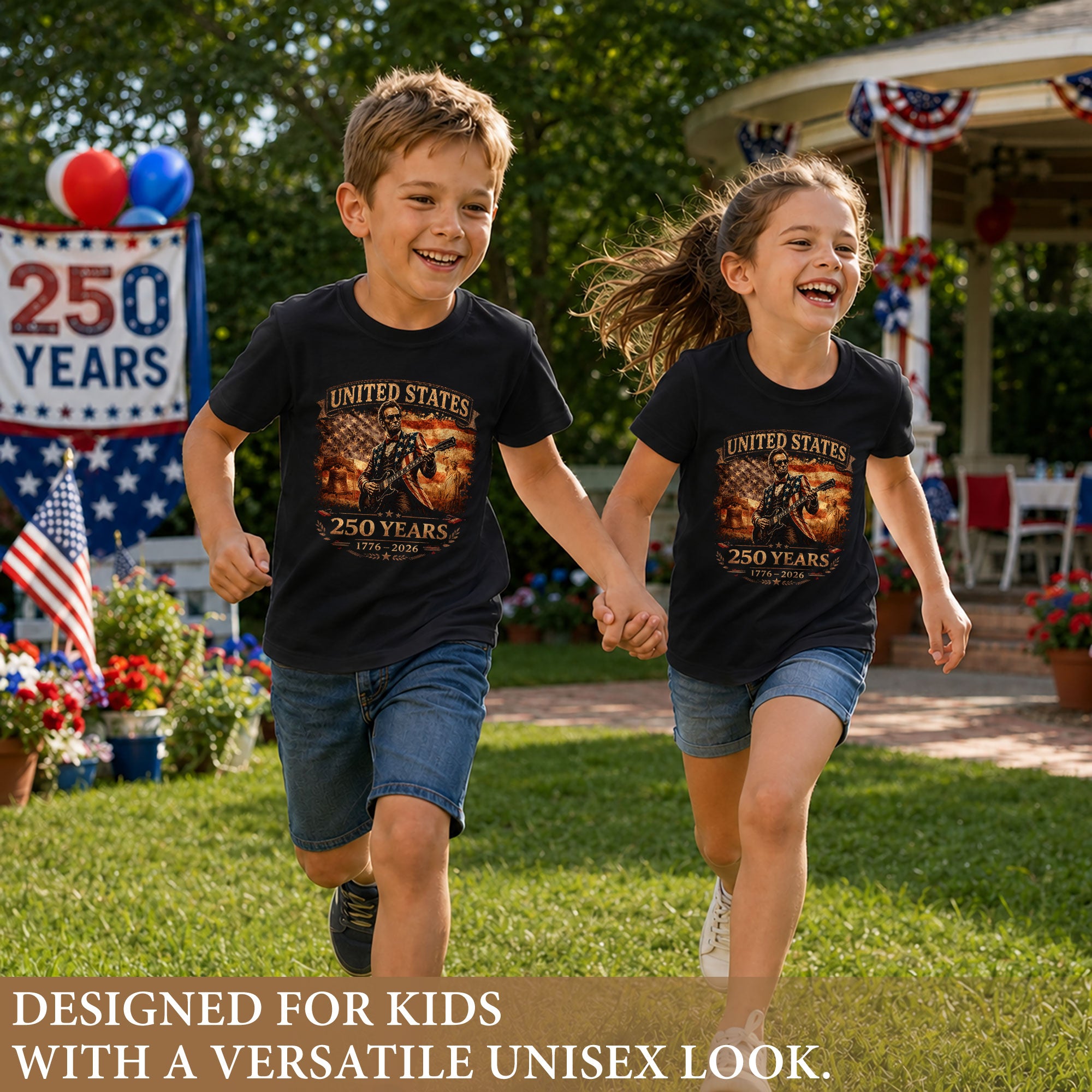 Kids America 250 Years T-Shirt 1776–2026 Lincoln Guitar Patriotic Youth Graphic Tee