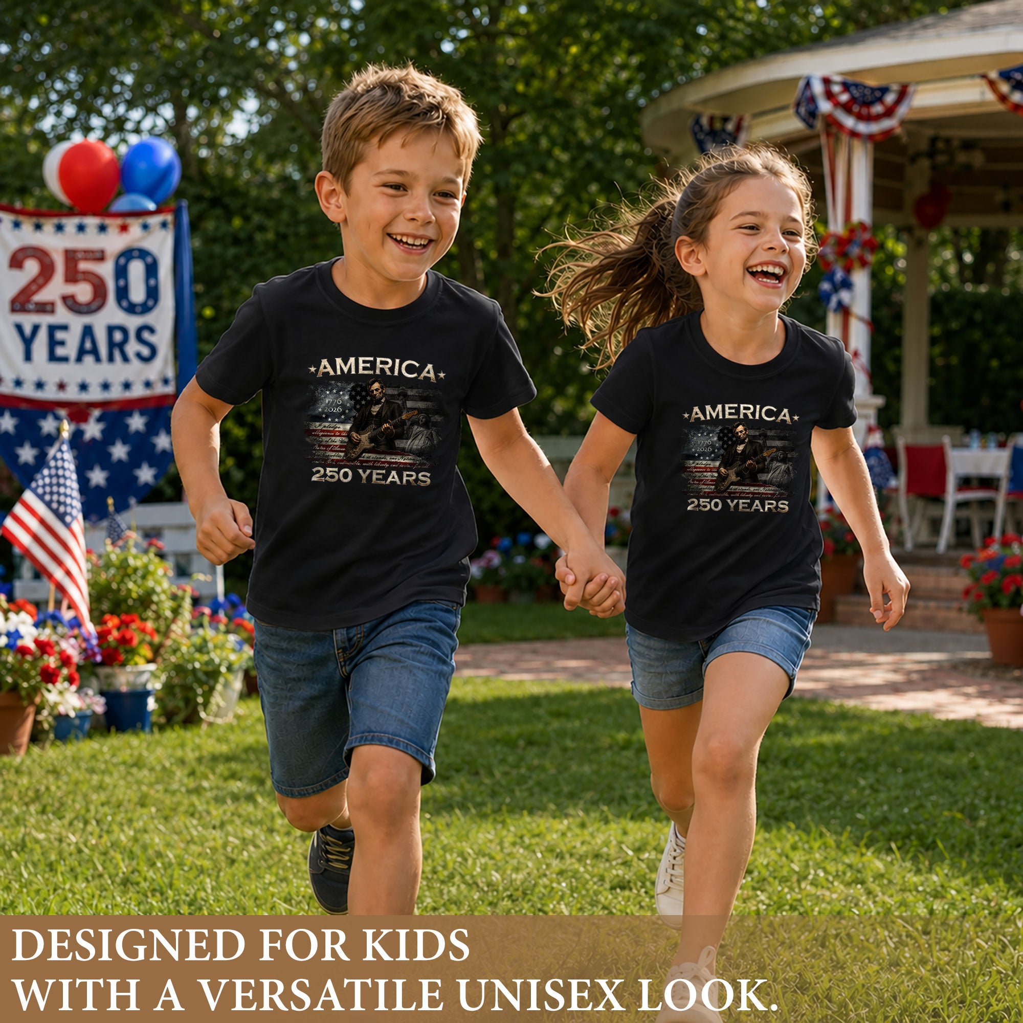 Kids America 250 Years T-Shirt 1776–2026 Lincoln Patriotic Guitar Youth Tee