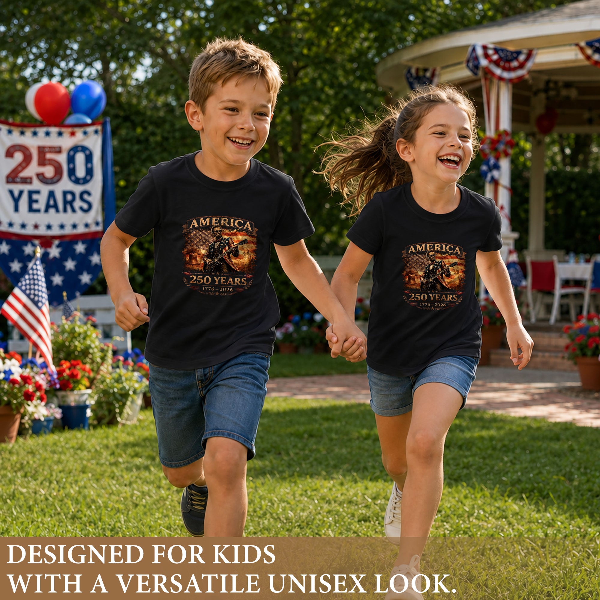 Kids America 250 Years T-Shirt 1776–2026 Lincoln Guitar Patriotic Youth Graphic Tee