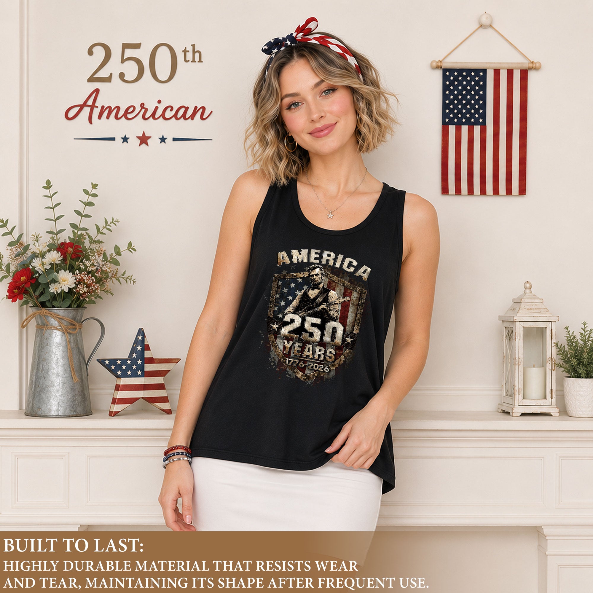 250 Years Tank Top Women 1776-2026 Abraham Lincoln Playing Guitar Patriotic Shirt