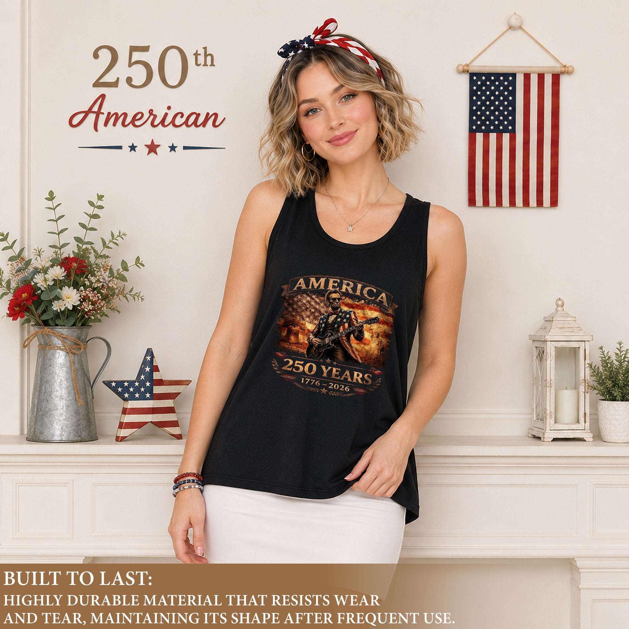 250 Years Tank Top Women America Lincoln Guitar Flag Patriotic Liberty 1776-2026 Shirt