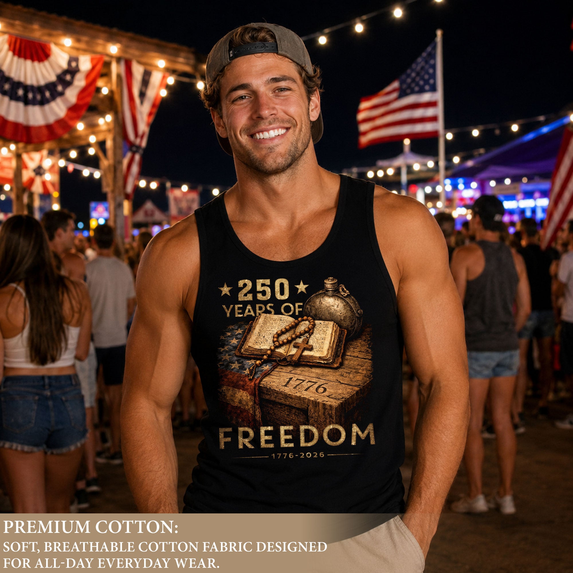 Tank Top Men Patriotic Bible Cross 1776-2026 250 Years Of Freedom Christian Summer Vest