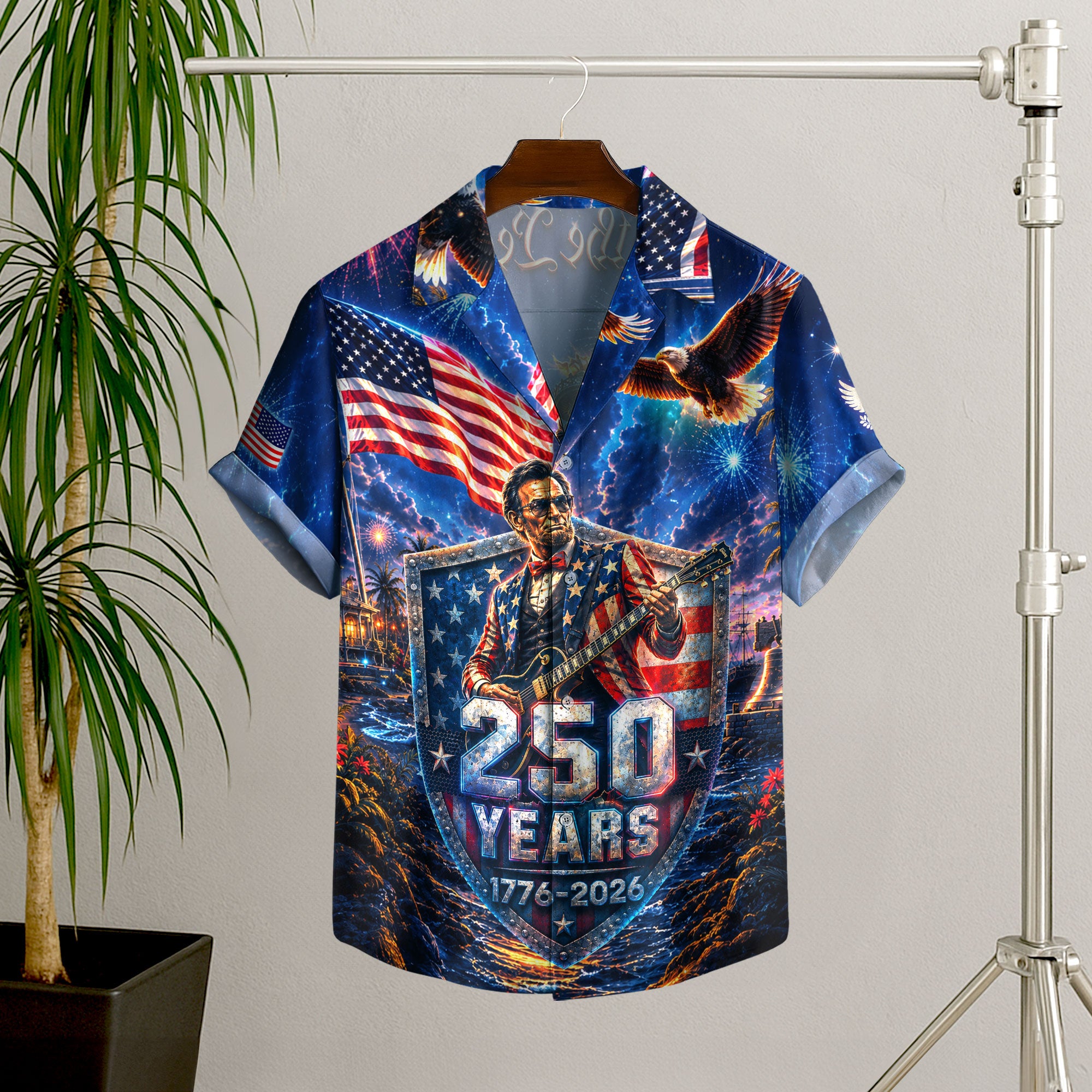 Hawaiian Shirt Patriotic 250th Anniversary Abraham Lincoln Eagle Fireworks