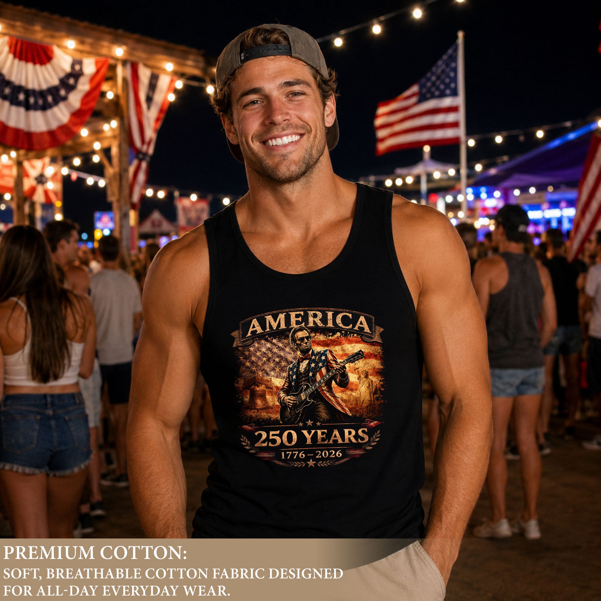 Lincoln Flag Suit Guitar Tank Top 1776-2026 Patriotic Vintage Men Graphic Sleeveless Shirt