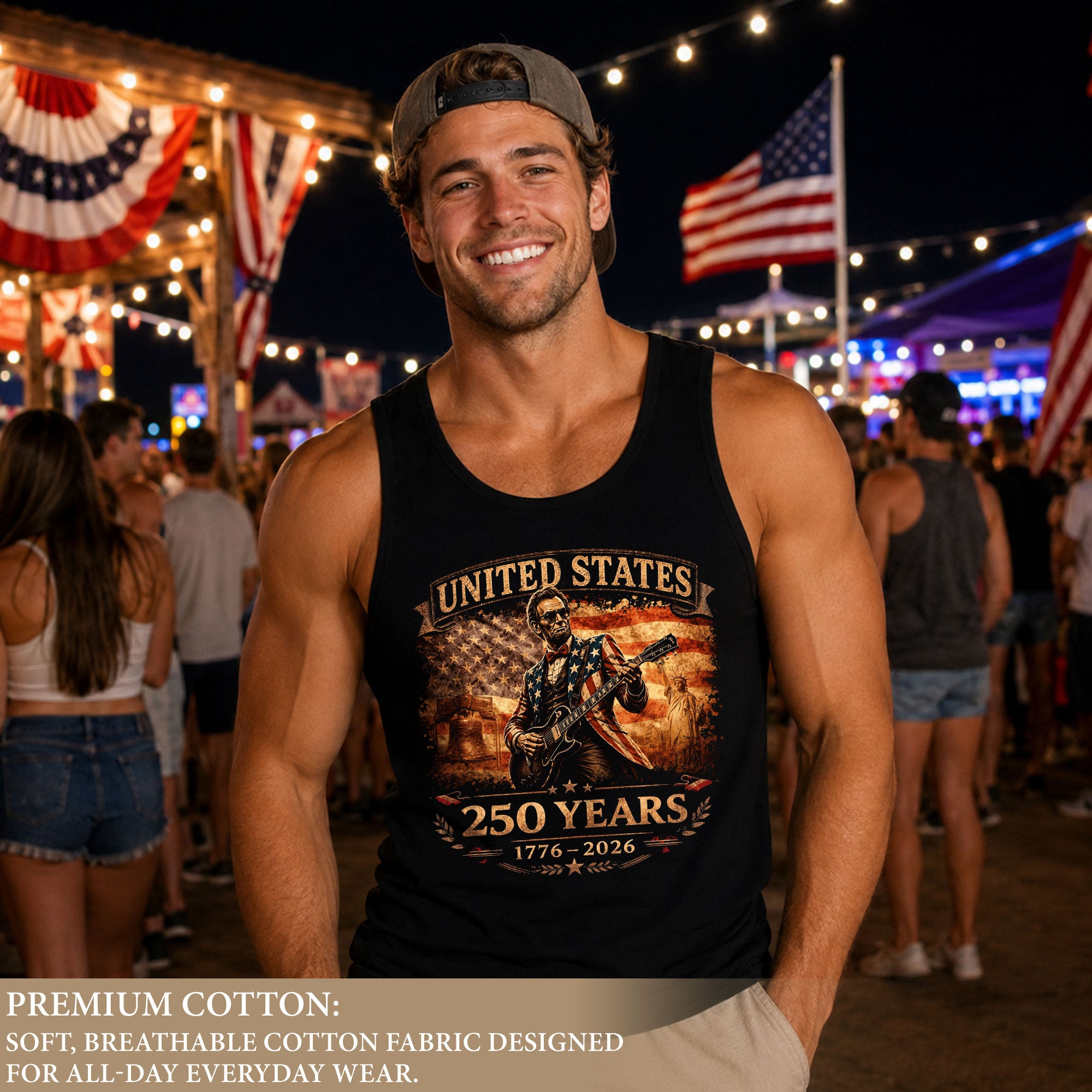 Lincoln Flag Suit Guitar Tank Top 1776-2026 Patriotic Vintage Men Graphic Sleeveless Shirt