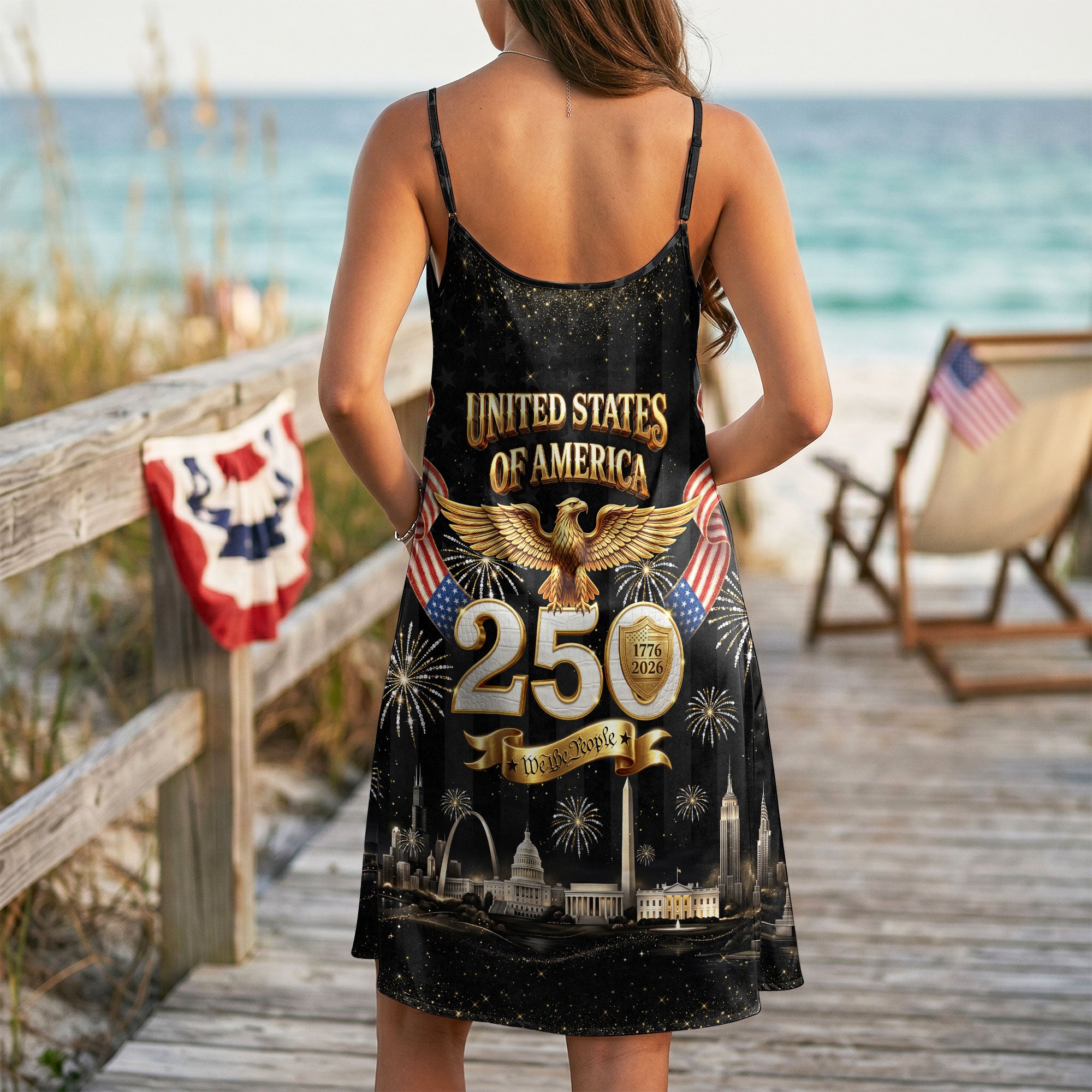 Womens 250th Anniversary Strap Dress Cool Patriotic US Landmark Eagle Firework Outfit