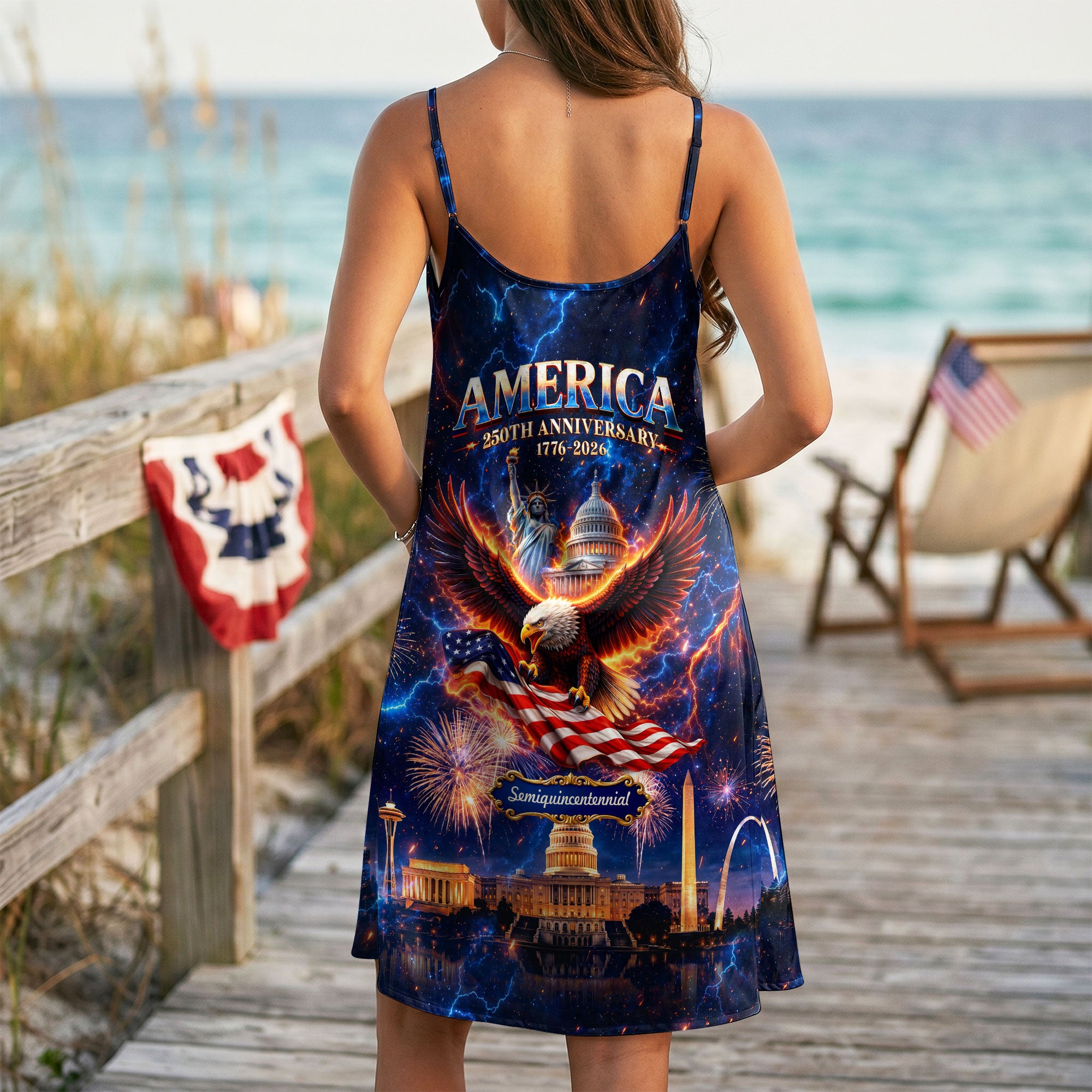Womens 250 Years Liberty Bell Cami Dress Patriotic American Flag Skyline Pocket Outfit