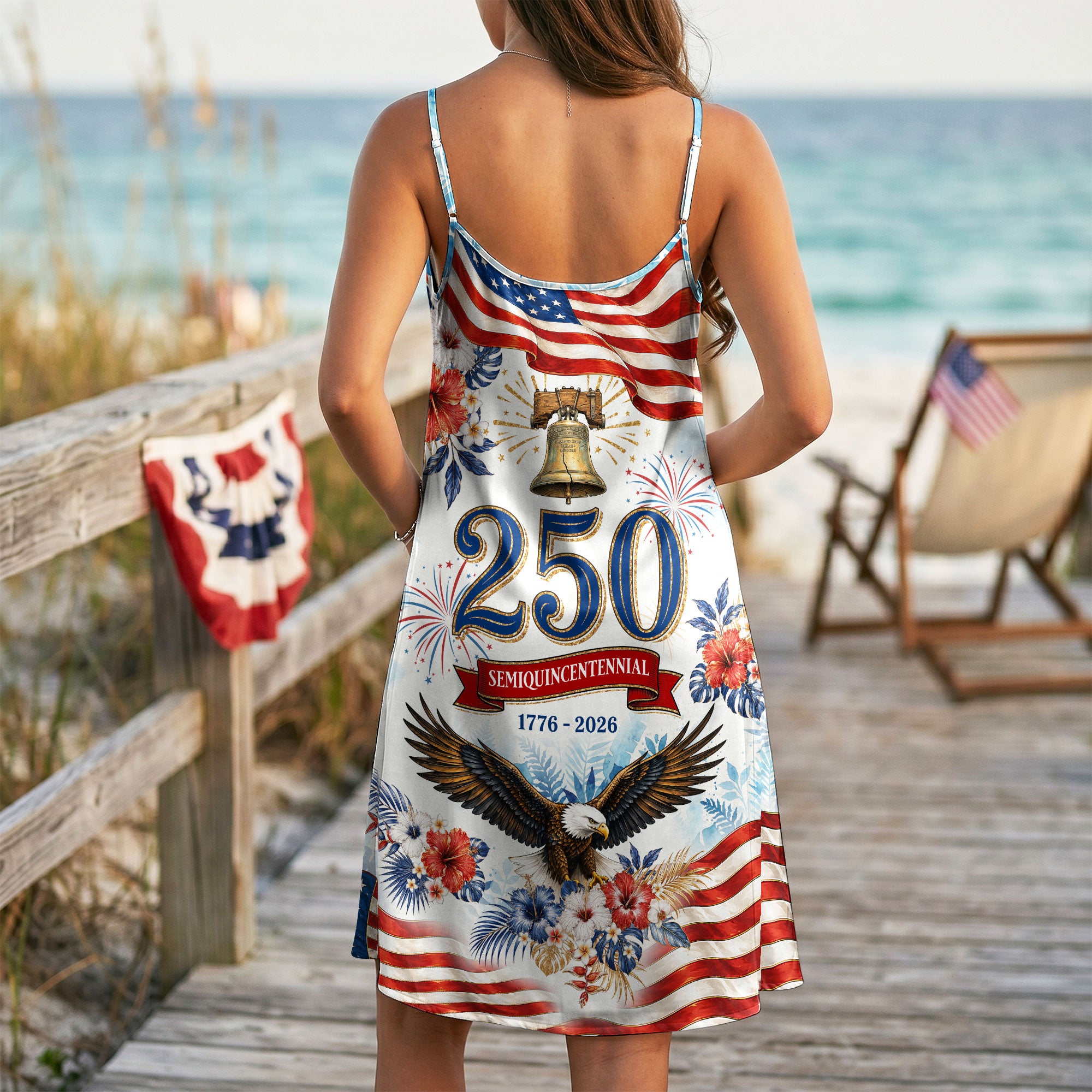 Womens 250th Anniversary Strap Dress Cool Patriotic American Flag Floral Holiday Top