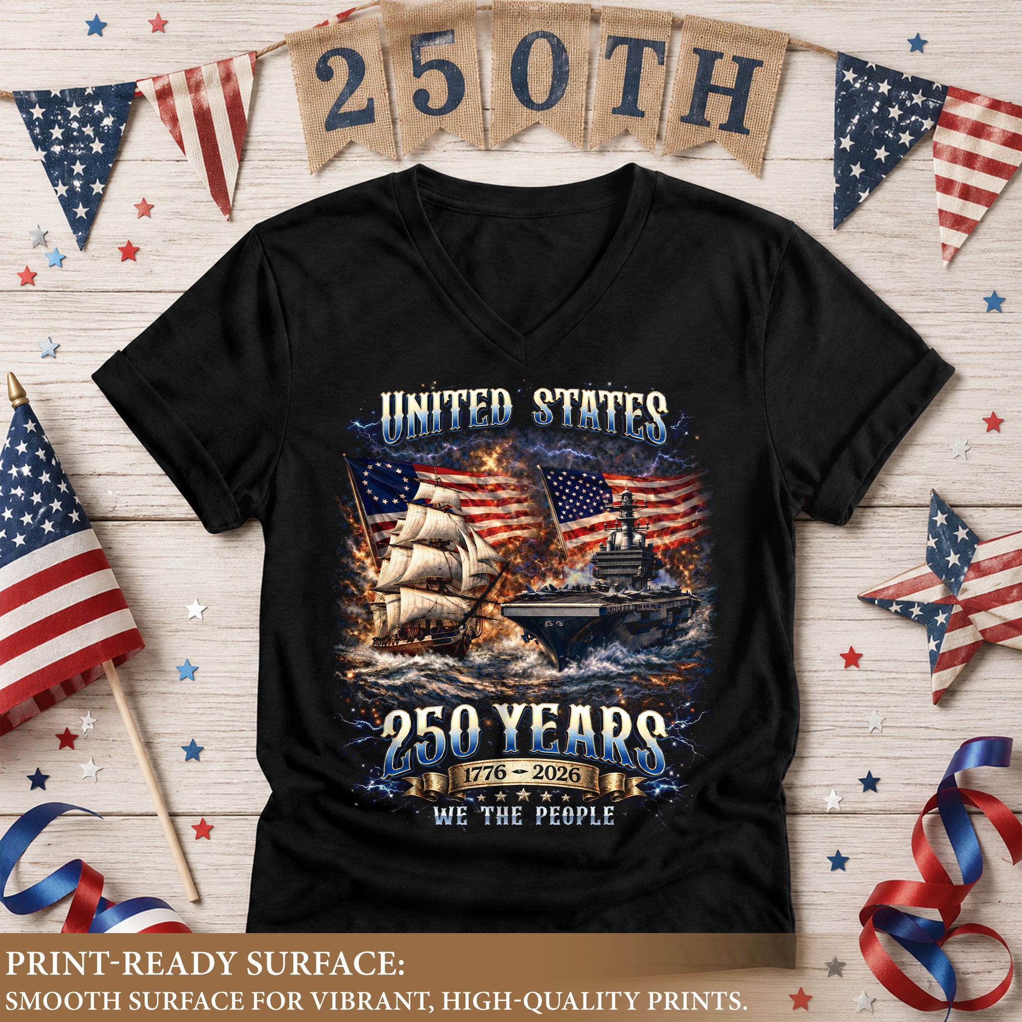 Patriotic Ship Womens V Neck Shirt Cool Military Flag Vintage 250 Years 1776 2026 Tee