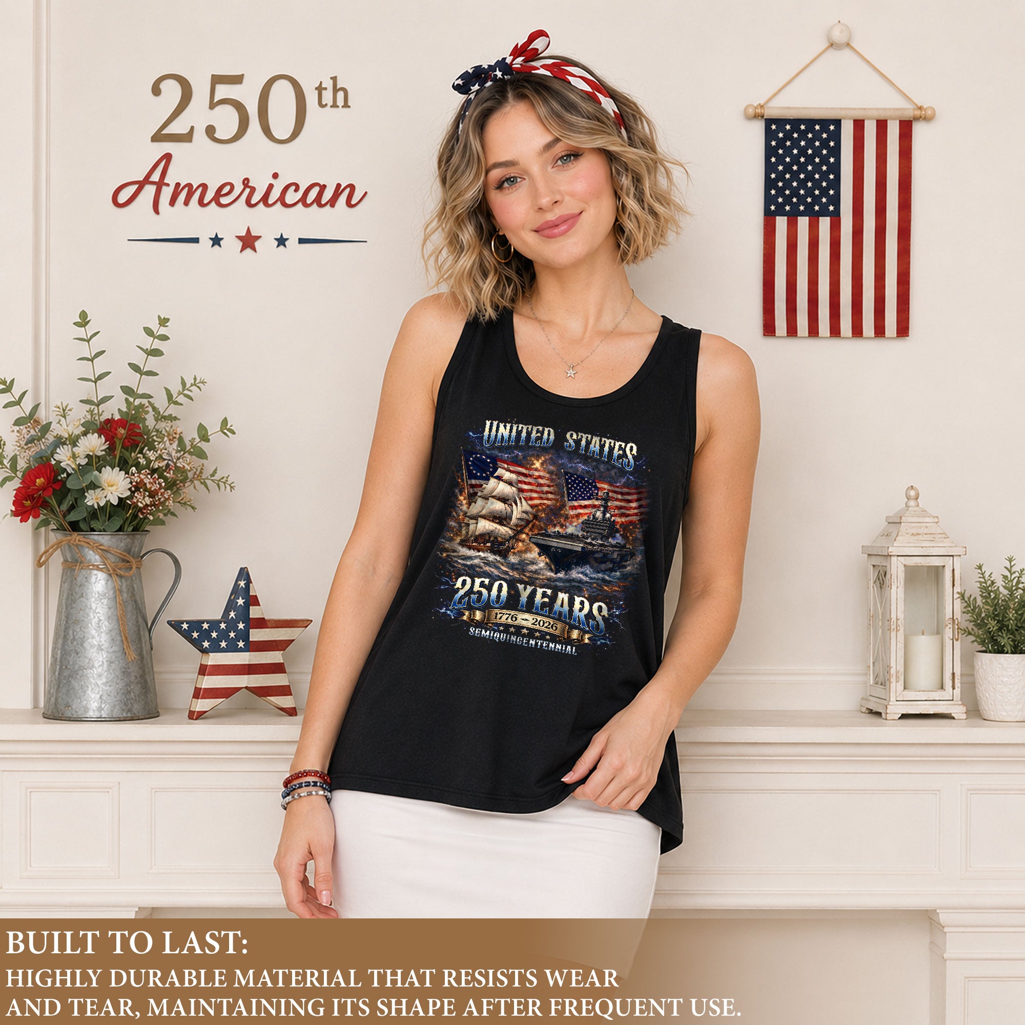 United States 250 Years 1776 2026 Womens Tank Top Vintage Patriotic Navy Sea Graphic Top