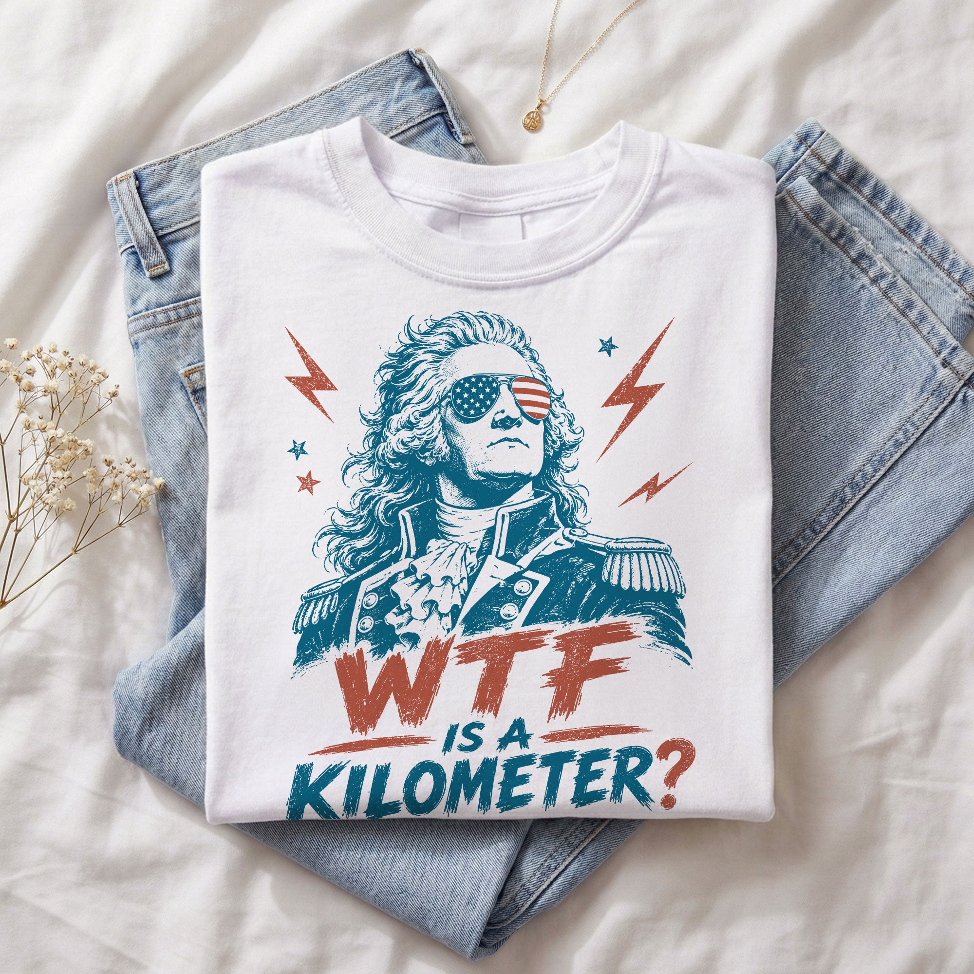 WTF Is A Kilometer Funny Founding Father T-Shirt Patriotic USA Sarcastic Graphic Tee
