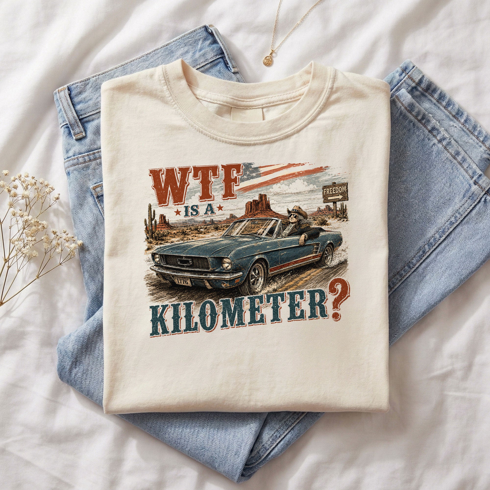 American Pride WTF Is A Kilometer Shirt Retro Car Funny Patriotic Cotton T-Shirt