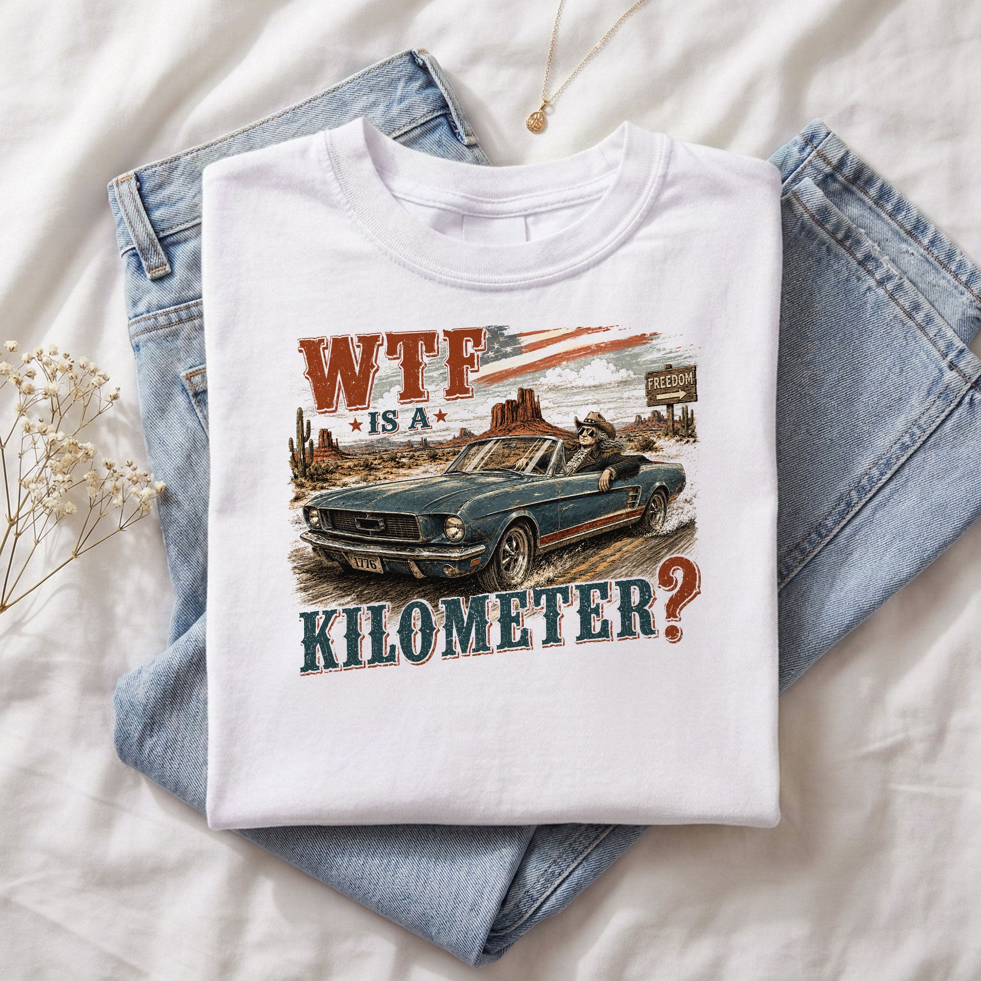 American Pride WTF Is A Kilometer Shirt Retro Car Funny Patriotic Cotton T-Shirt