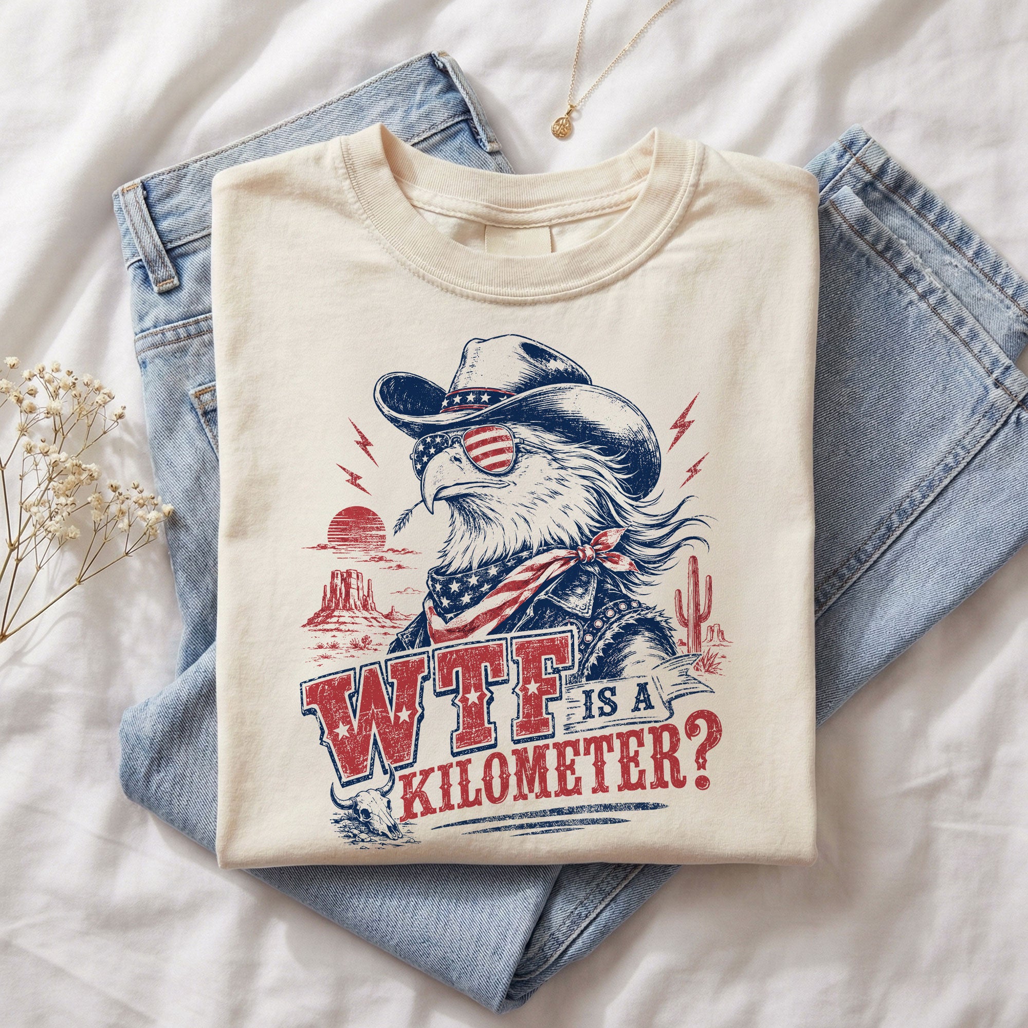Funny USA Patriot Tee WTF Is A Kilometer Graphic Shirt Vintage Cowboy Eagle Design