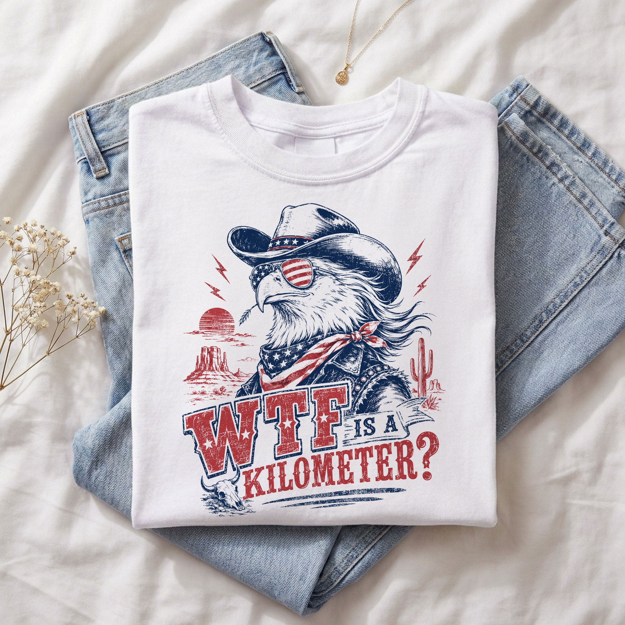 Funny USA Patriot Tee WTF Is A Kilometer Graphic Shirt Vintage Cowboy Eagle Design