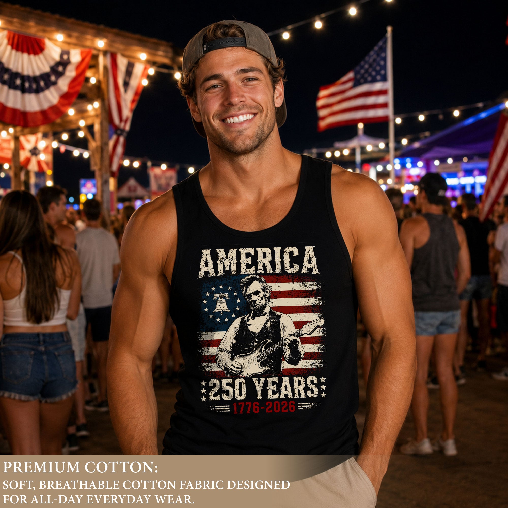 Lincoln Liberty Bell Guitar Tank Top 1776-2026 Patriotic Vintage Men Graphic Shirt