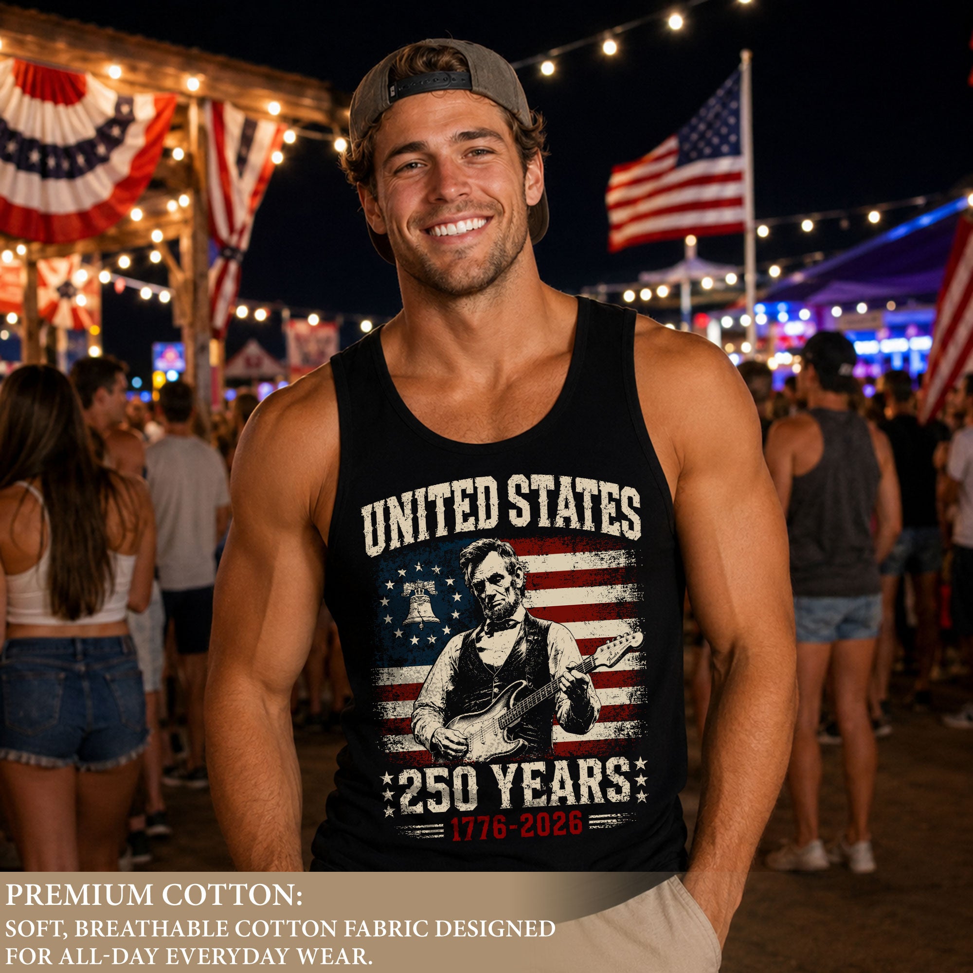 Lincoln Liberty Bell Guitar Tank Top 1776-2026 Patriotic Vintage Men Graphic Shirt