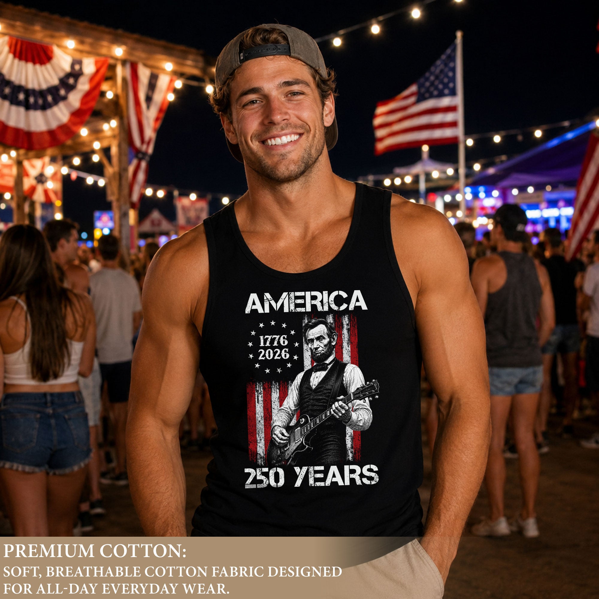 Rockstar Lincoln Guitar Tank Top 1776-2026 Patriotic Retro Men Graphic Sleeveless Shirt