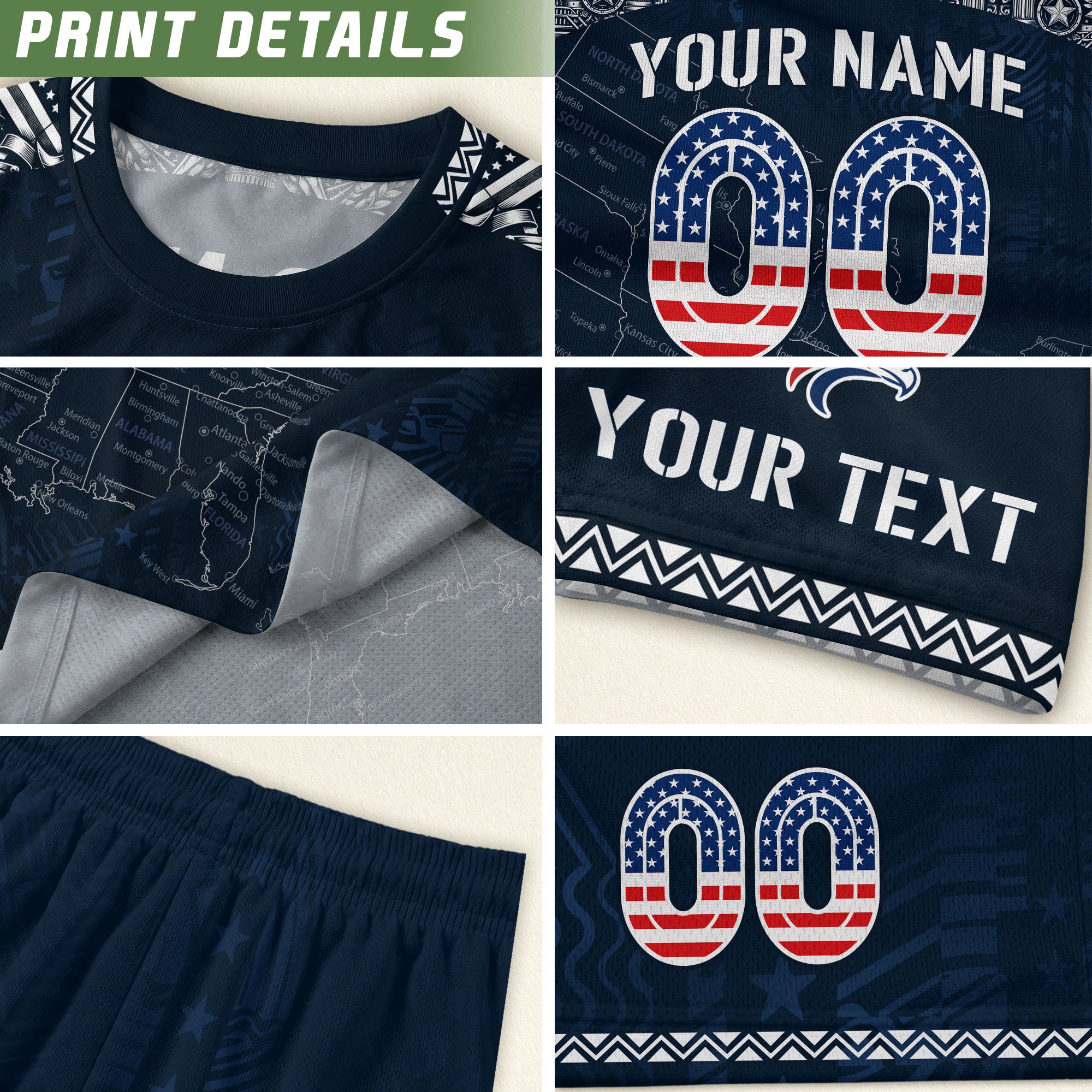 Custom Name Number USA Soccer Jersey Vintage Map Patriotic Navy Blue Football Team Shirt