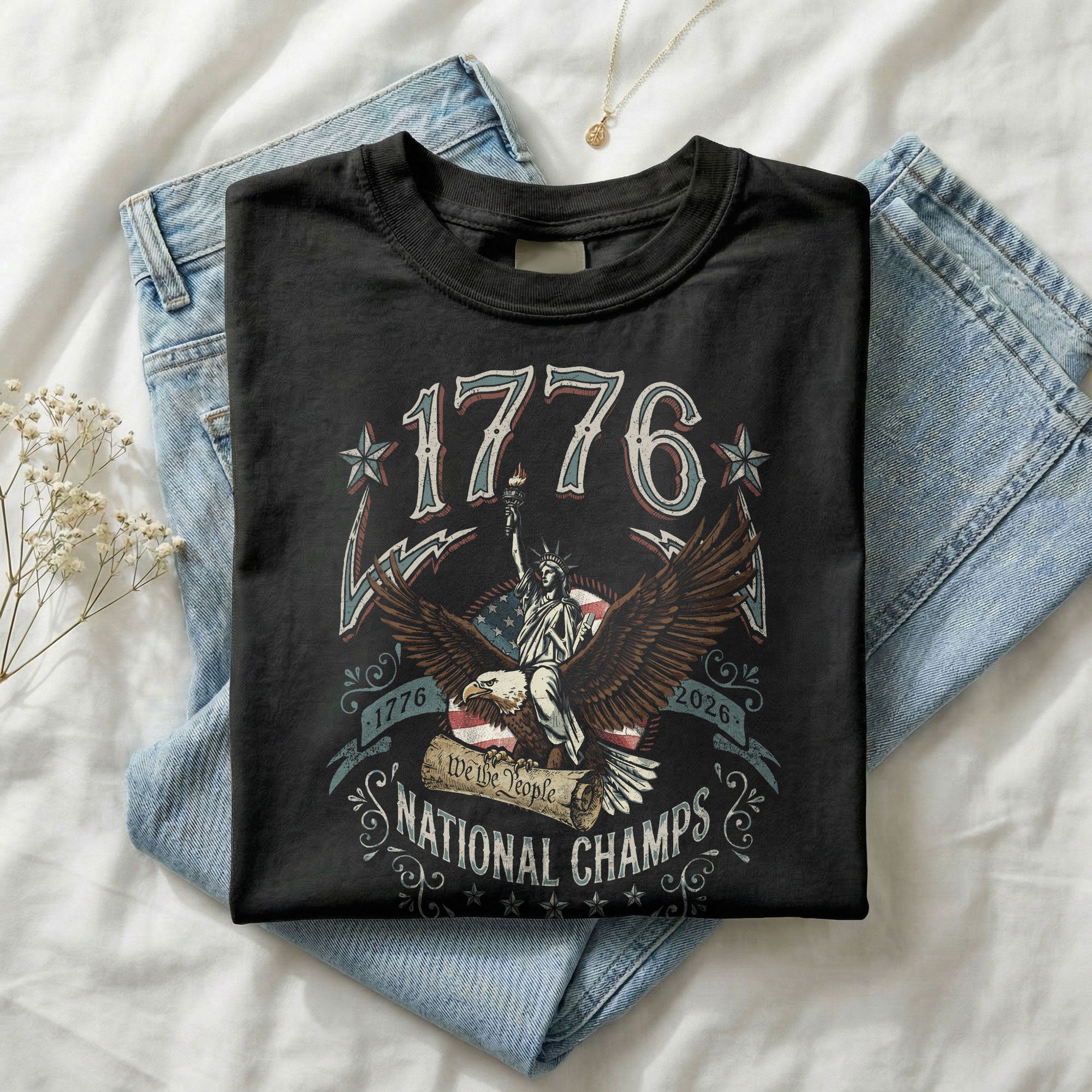 1776 National Champs Shirt Vintage Patriotic Eagle Graphic Tee 4th of July Comfort T-Shirt