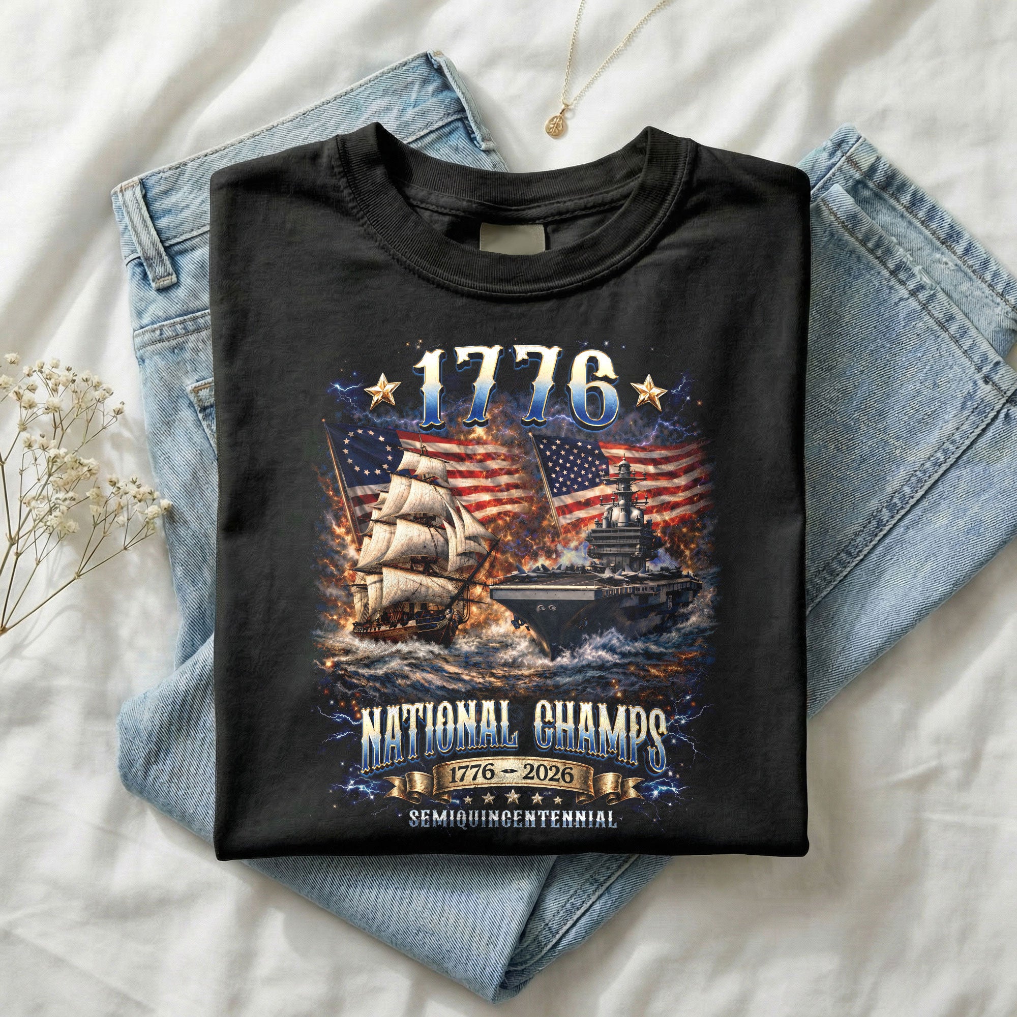 1776 National Champs Shirt Vintage Navy Battleship Graphic Tee Patriotic 1776-2026 T-Shirt