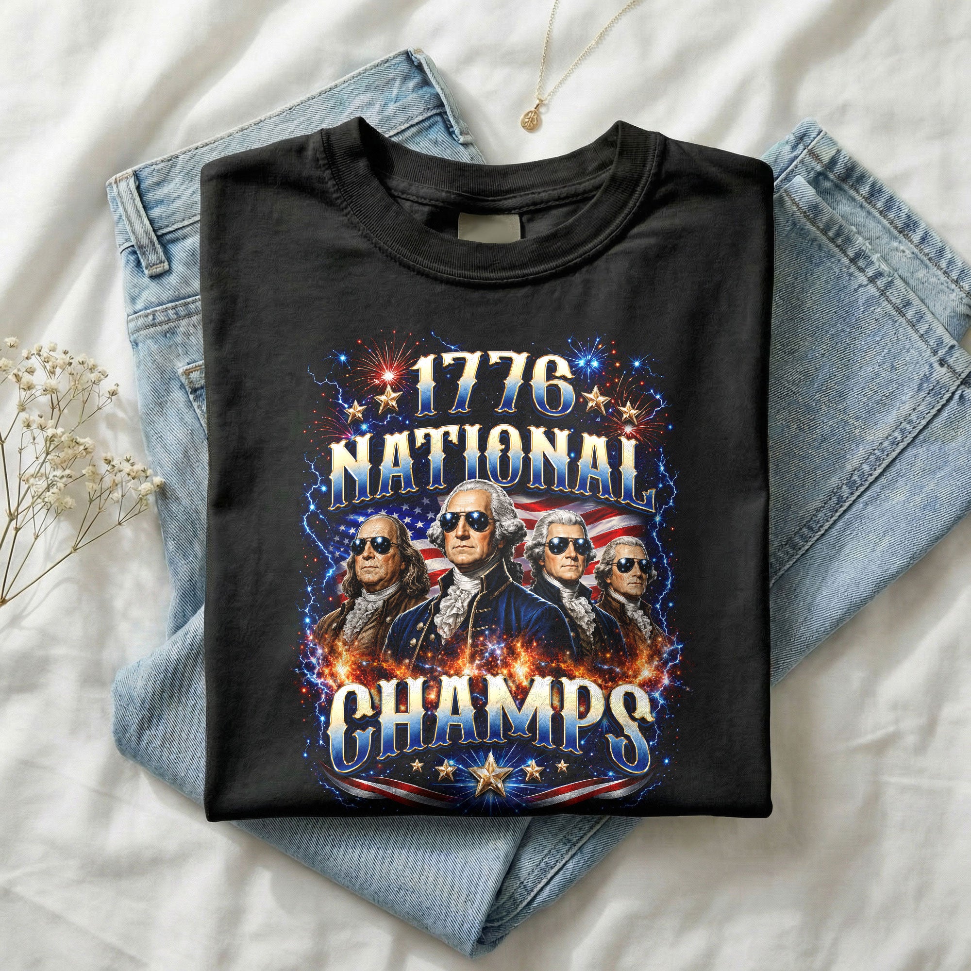 Classic 1776 National Champs Patriotic Graphic T Shirt Vintage Style Cotton Tee Top