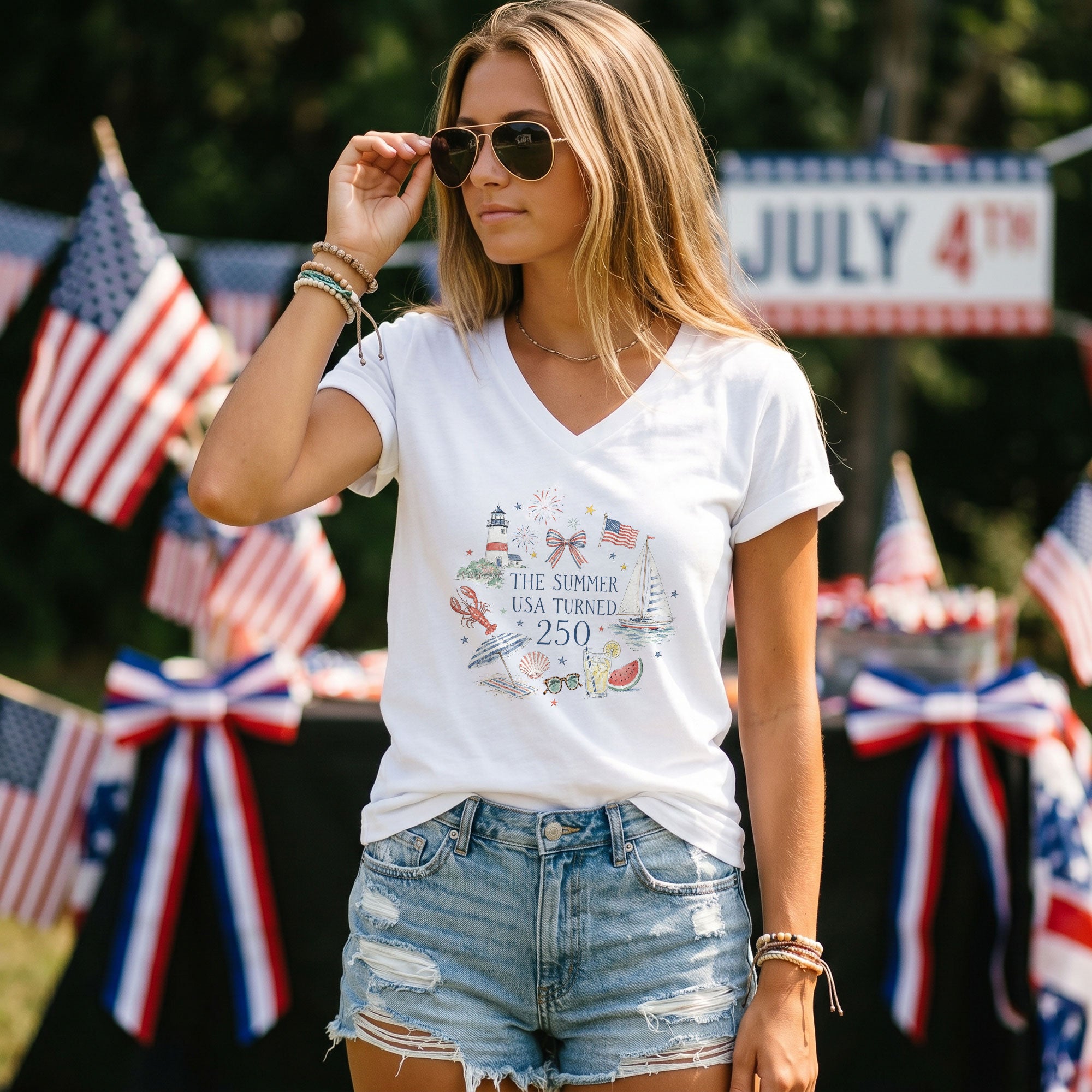 Women's V-Neck Patriotic The Summer USA Turned 250 Shirt Festive Graphic Tee Gift
