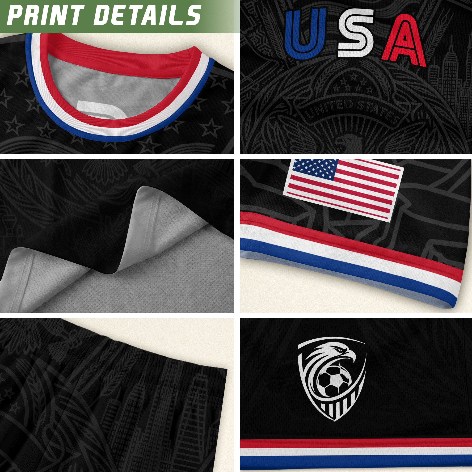 USA Patriotic Soccer Jersey Adult Black Eagle American Flag Independence Day Shirt