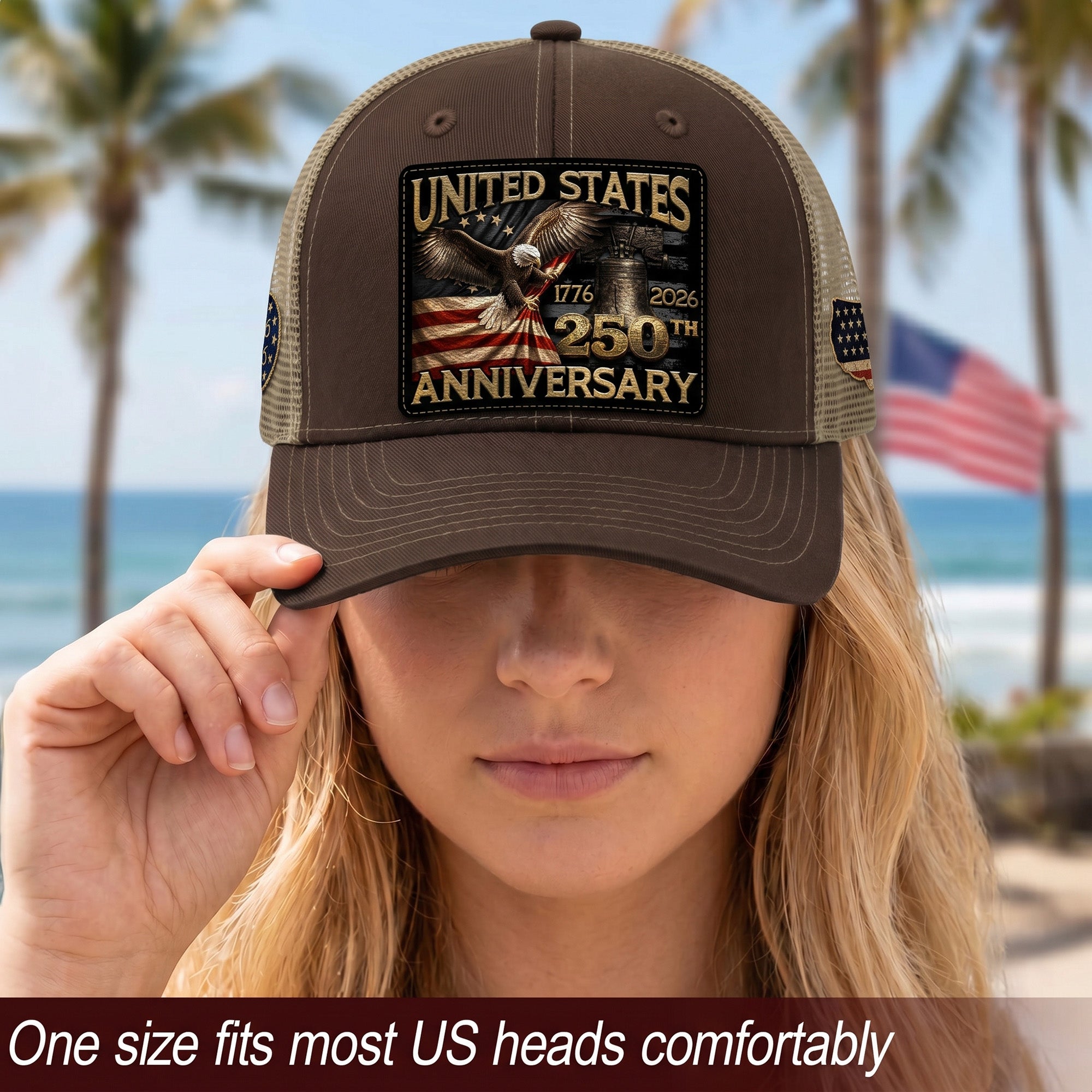 US 250th Anniversary Eagle Trucker Hat Vintage Leather Patch Patriotic Historic Cap