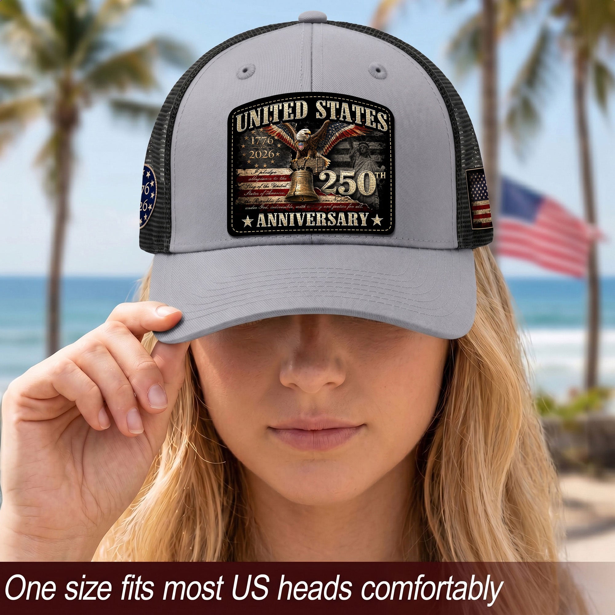 US 250th Anniversary Trucker Hat Statue of Liberty Bell Eagle Patriotic Mesh Cap