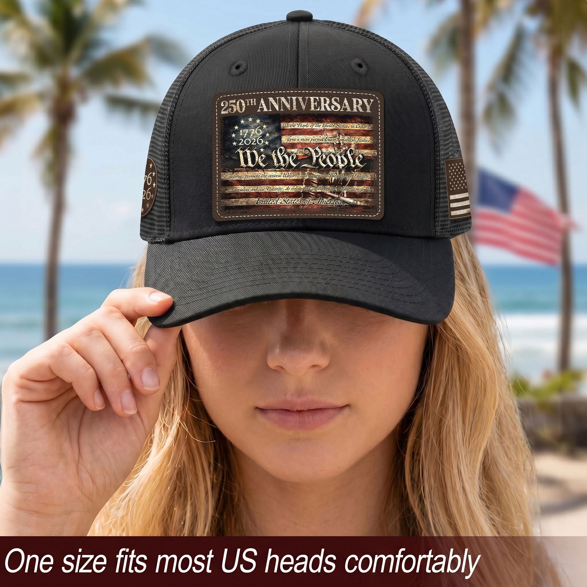 US 250th Anniversary Trucker Hat We The People Constitution Patriotic Leather Patch Cap