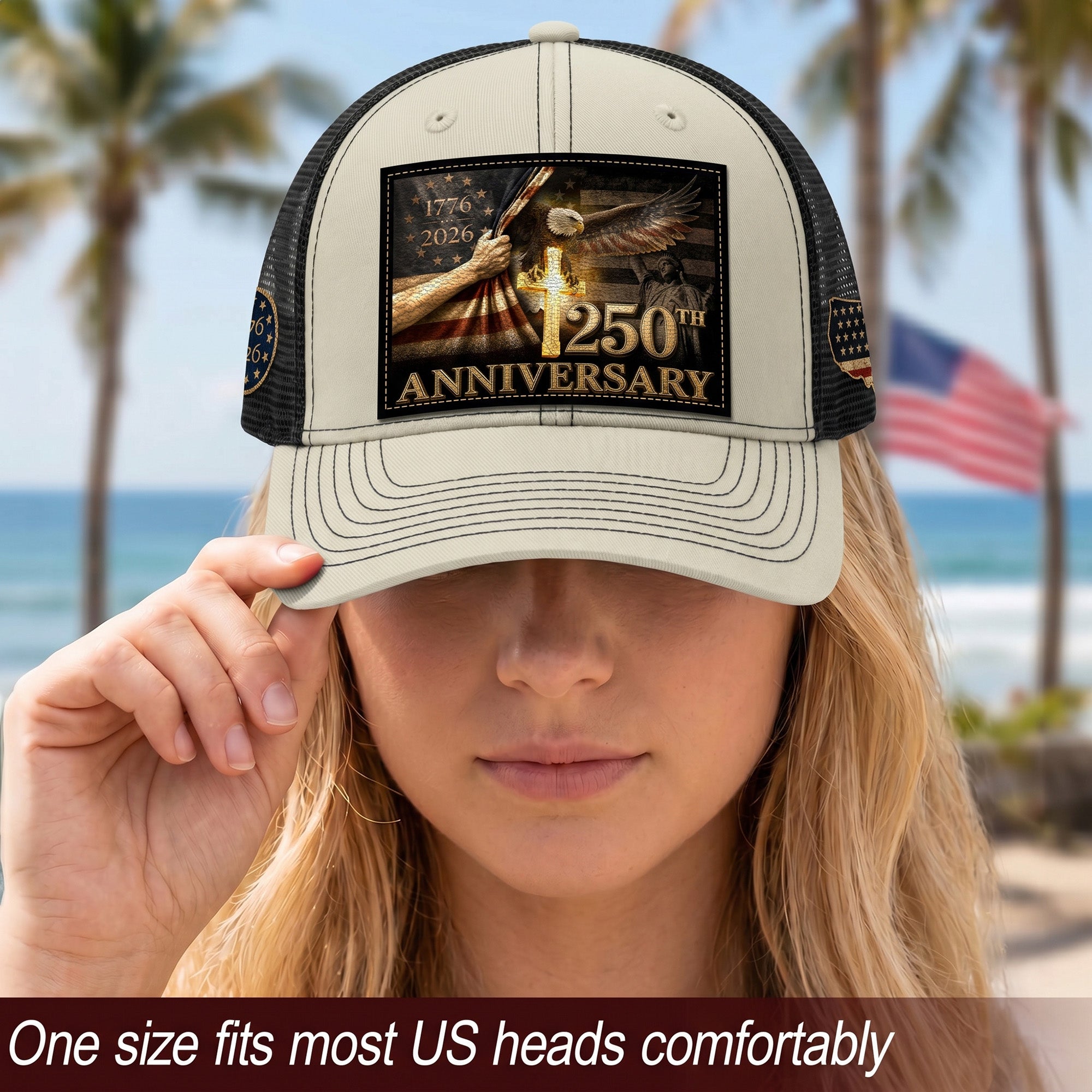 US 250th Anniversary Trucker Hat Christian Cross Eagle Patriotic Leather Patch Mesh Cap