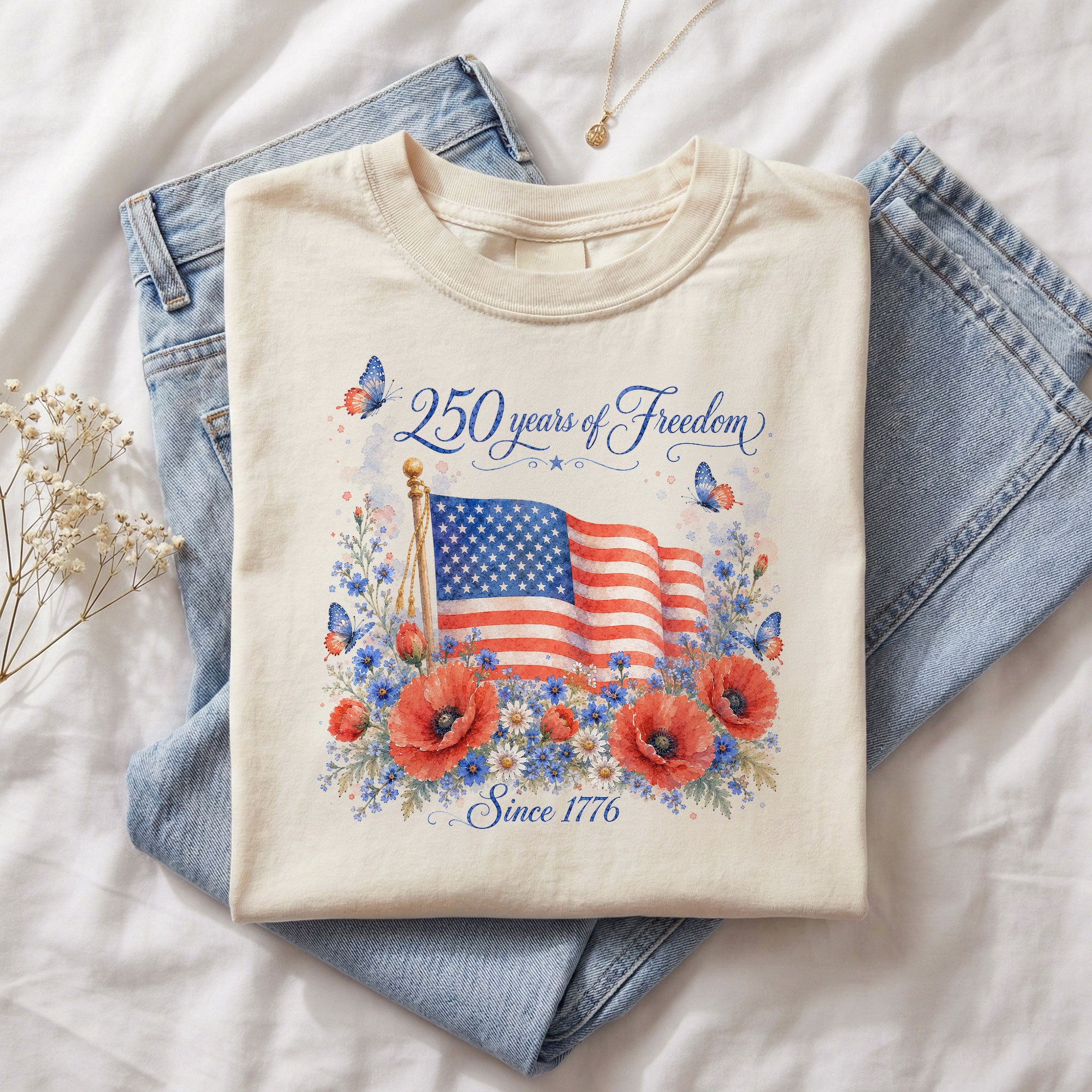 250 Years of Freedom T-Shirt 1776 US Flag Floral Patriotic Women Oversized Graphic Tee