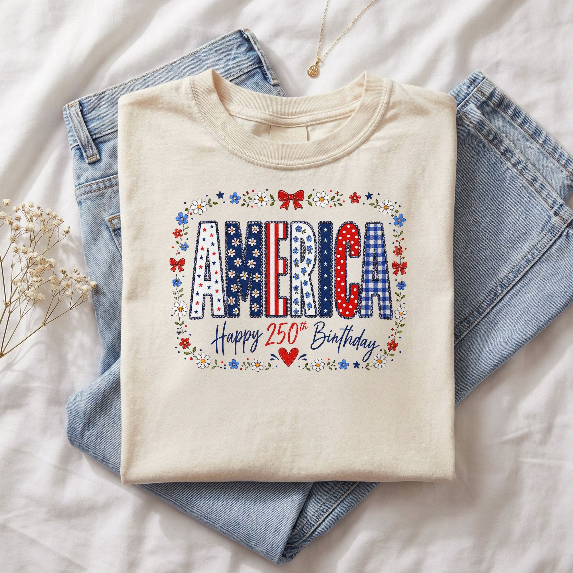 Happy 250th Birthday T-Shirt Patriotic Floral America Graphic Tee Fourth of July