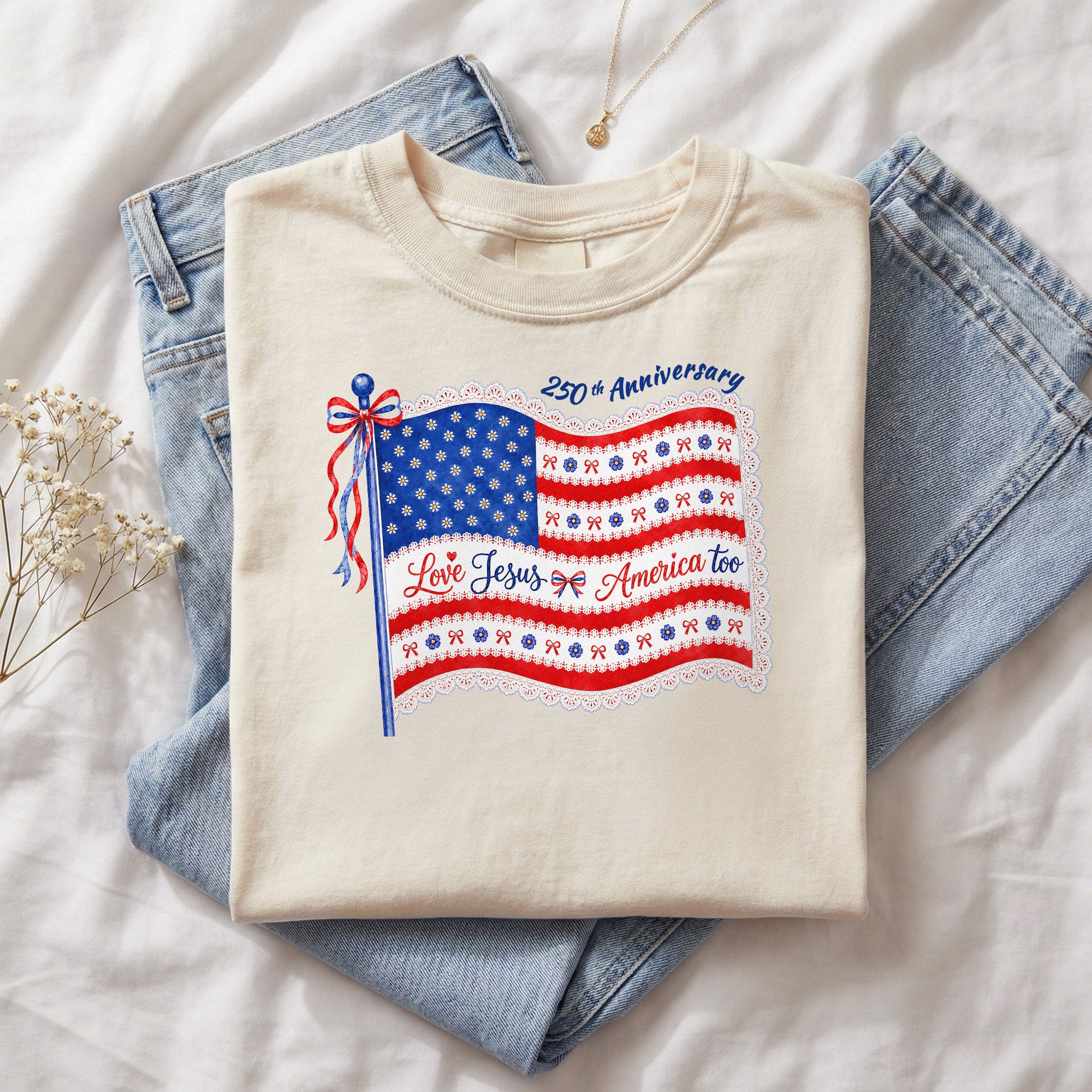 Love Jesus and America Too T-Shirt 250th Anniversary US Flag Floral Women Graphic Tee
