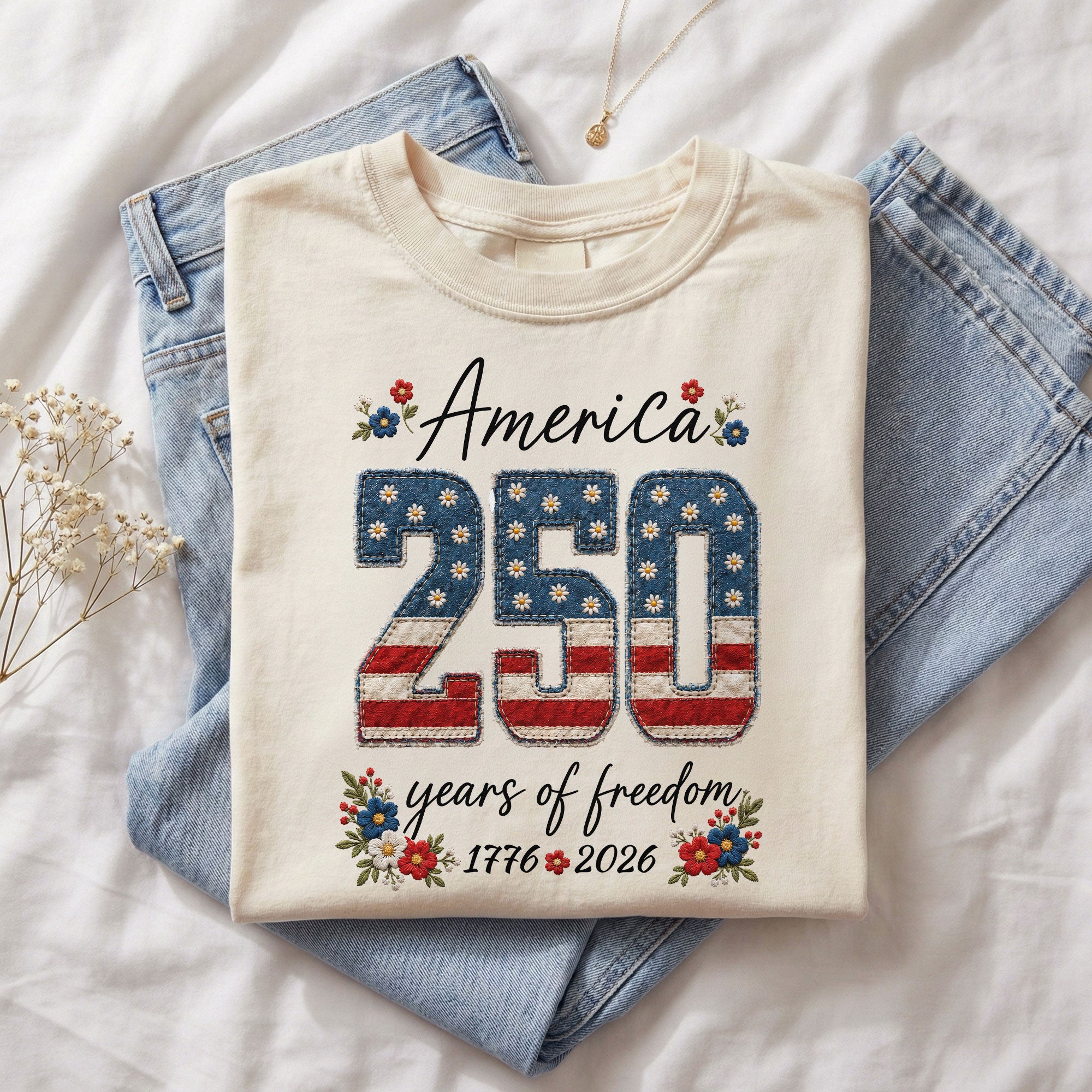 America 250 Years of Freedom T-Shirt 1776 2026 US Flag Floral Patriotic Women Tee