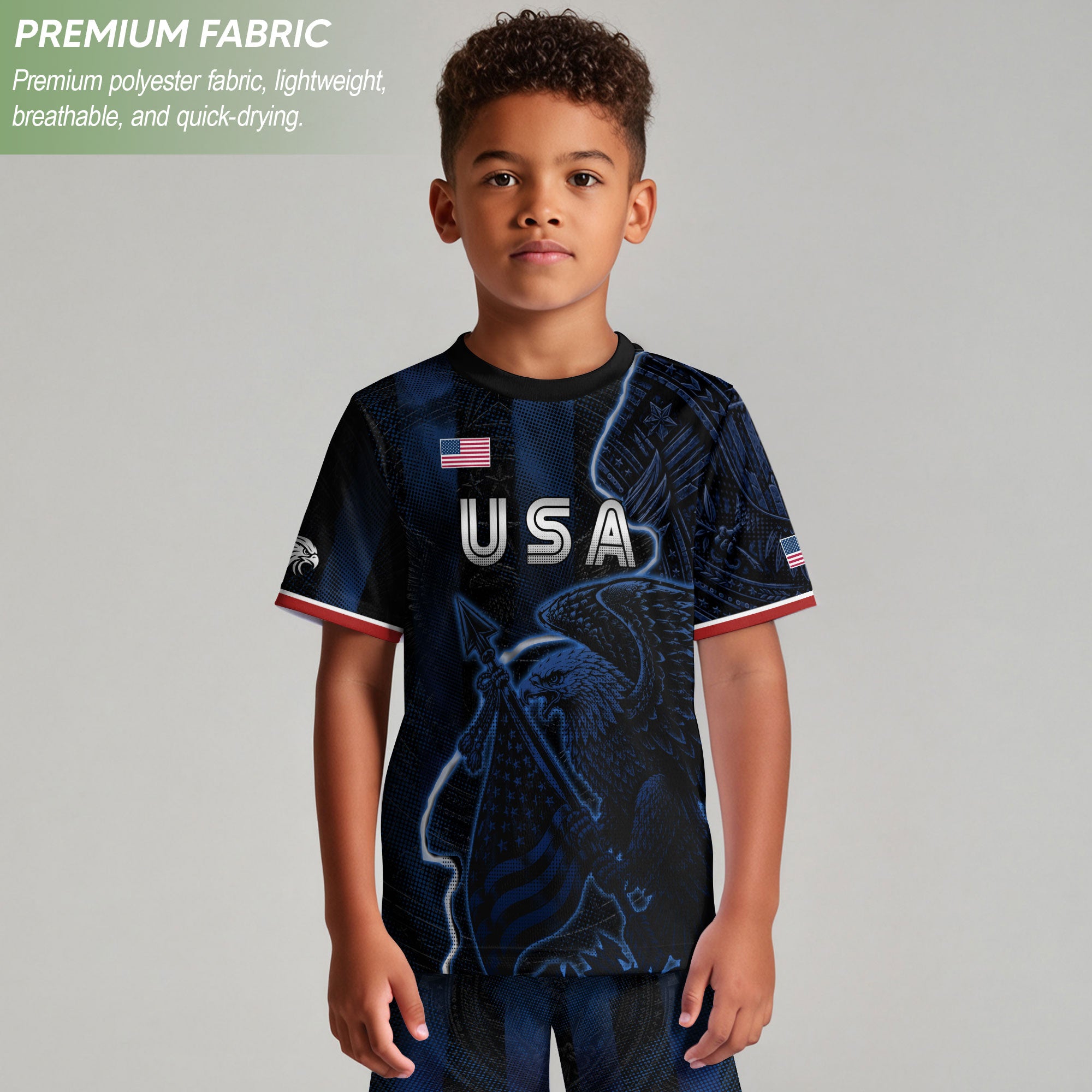 USA Eagle Kids Soccer Jersey Patriotic American Flag Youth Football Shirt Navy Black