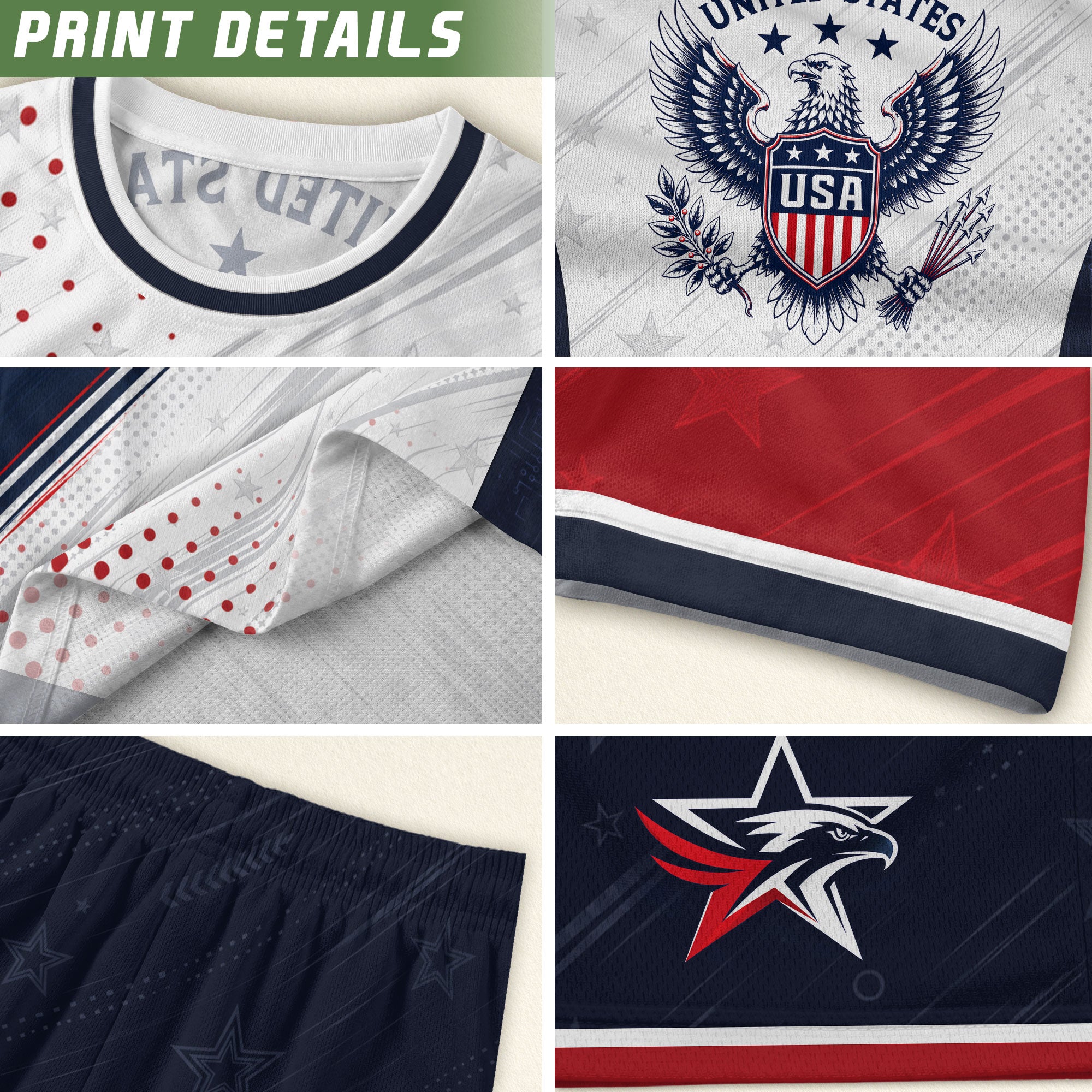 Adult USA Soccer Jersey White Navy Patriotic Diagonal Sash Polka Dot United States Tee