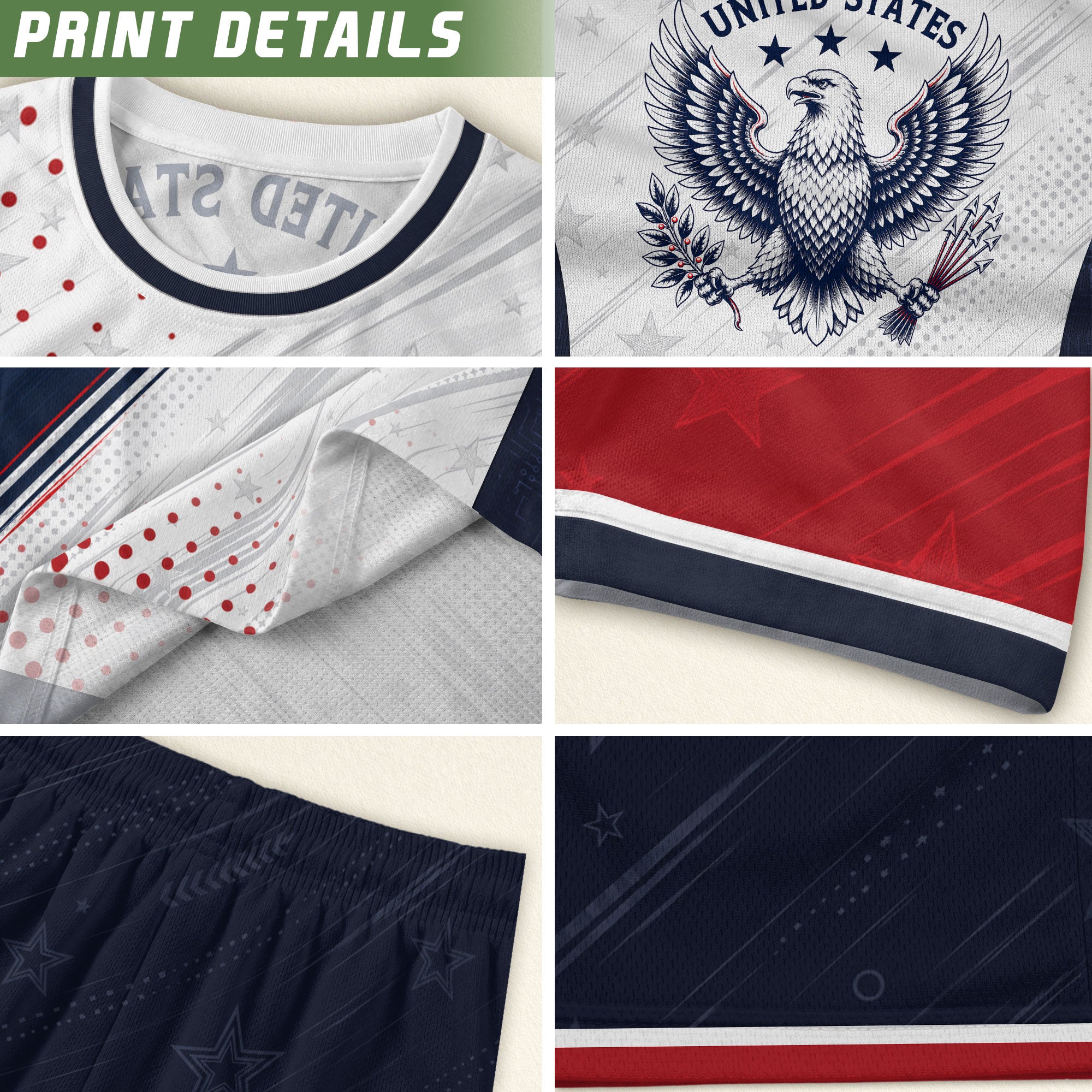Adult USA Soccer Jersey White Navy Patriotic Diagonal Sash Polka Dot United States Tee