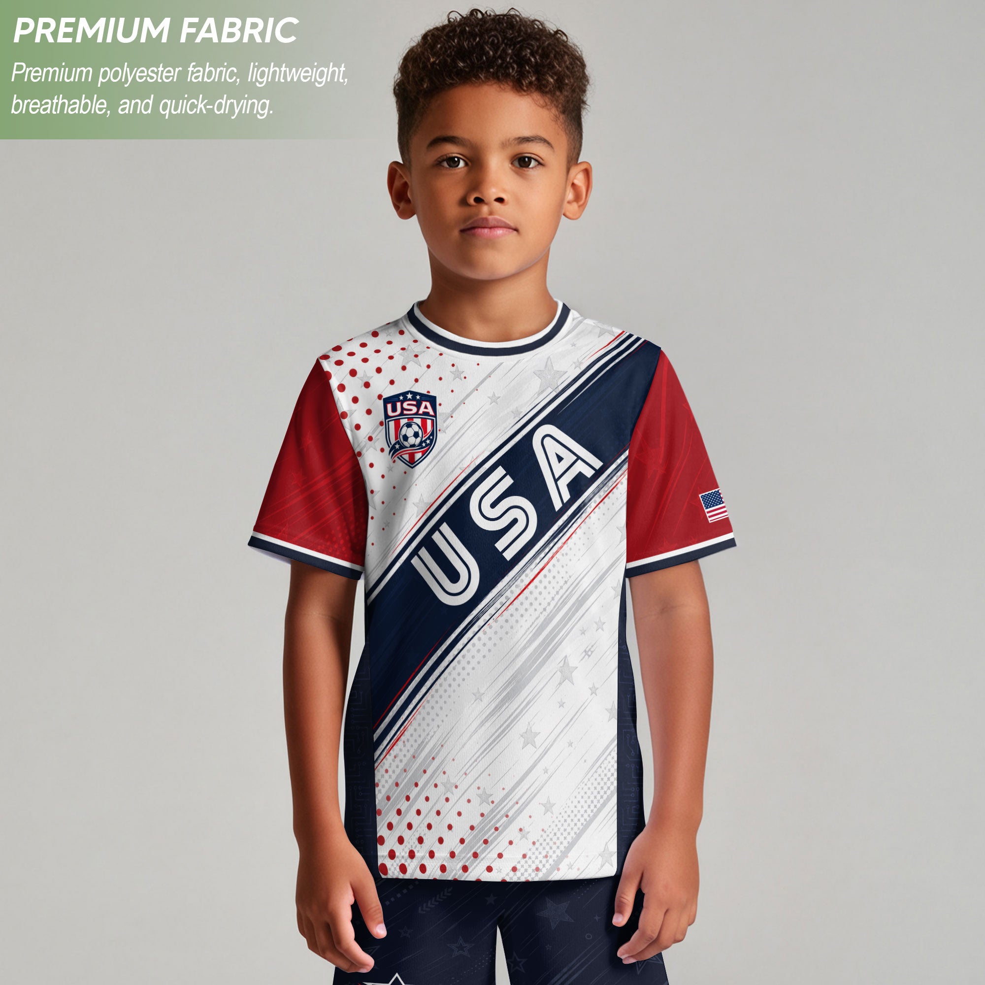 Kids USA Soccer Jersey Youth Patriotic White Navy Diagonal Sash Polka Dot Sport Shirt