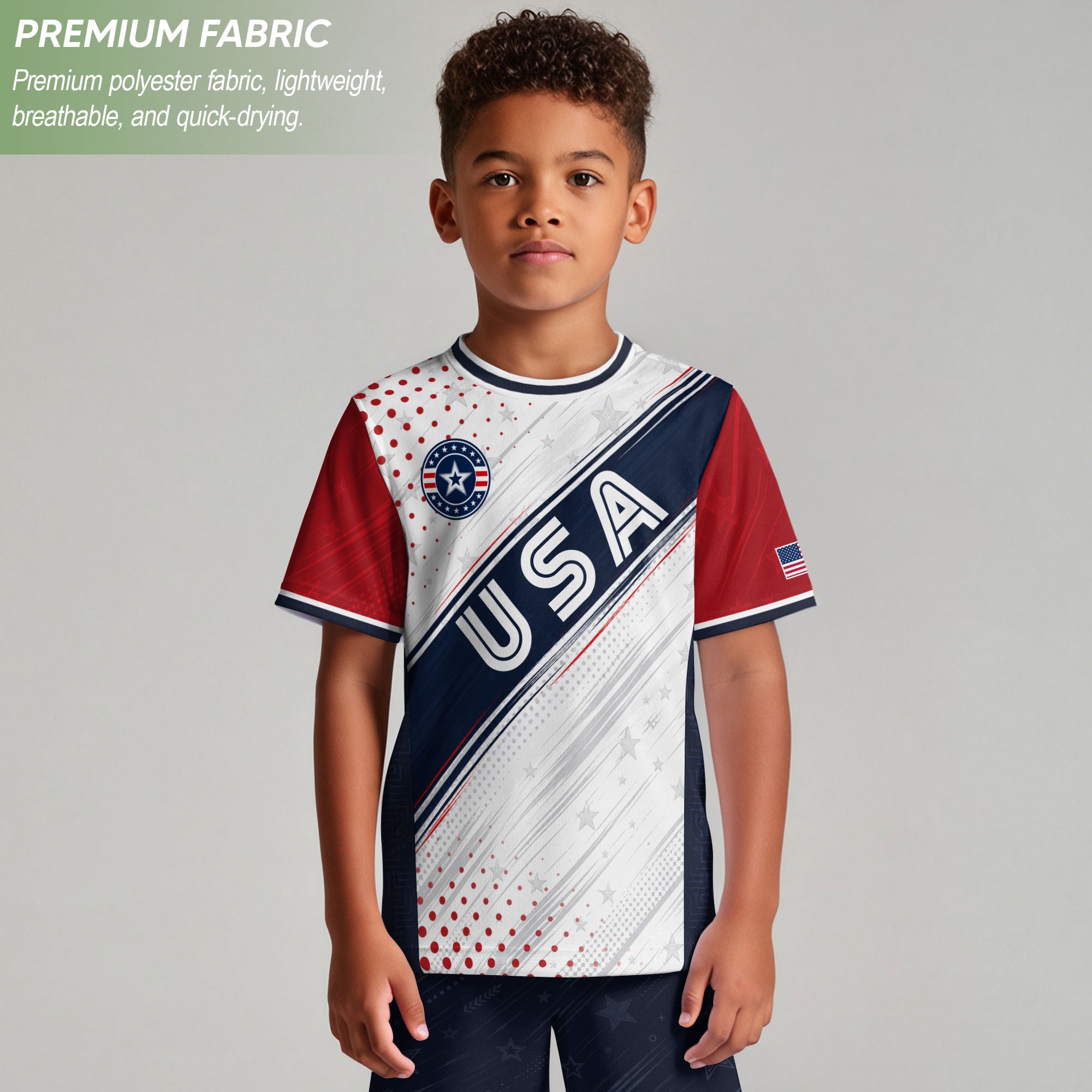Kids USA Soccer Jersey Youth Patriotic White Navy Diagonal Sash Polka Dot Sport Shirt
