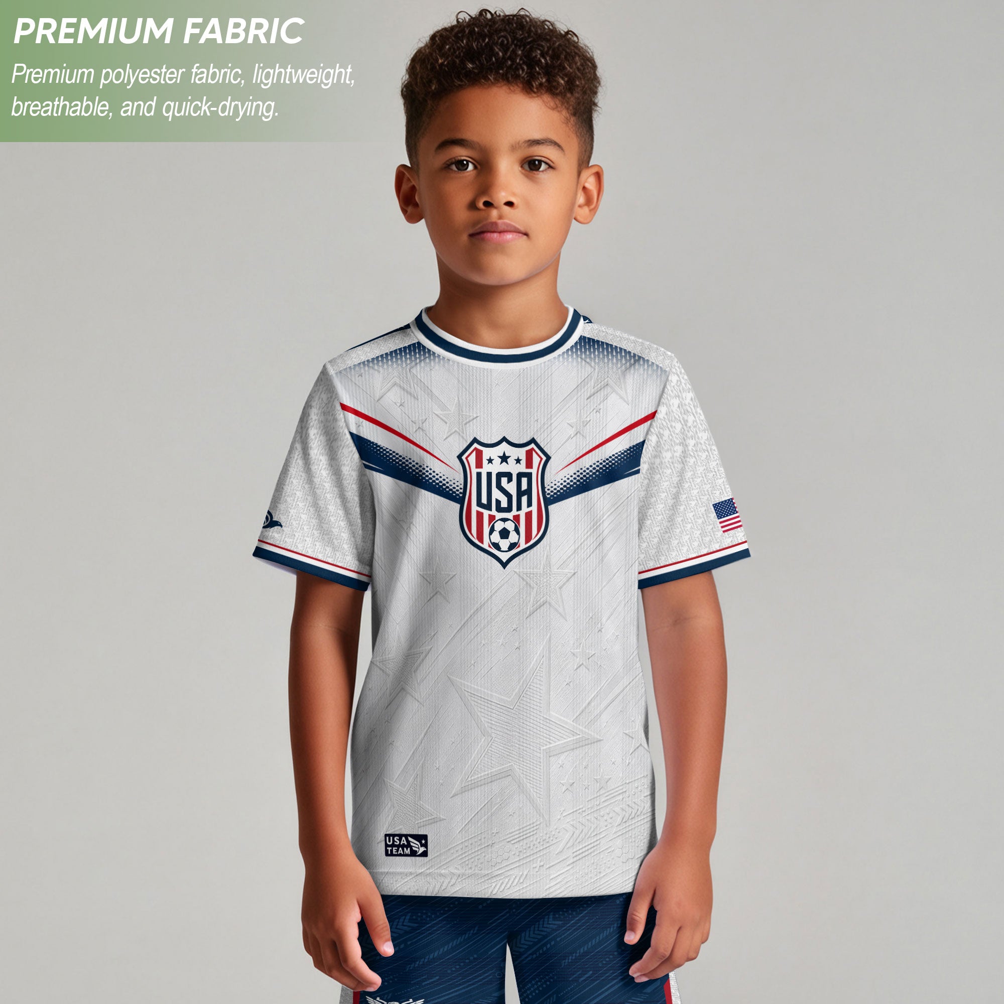 Kids USA Soccer Jersey Youth Patriotic White Chevron Emblem Star United States Sport Tee