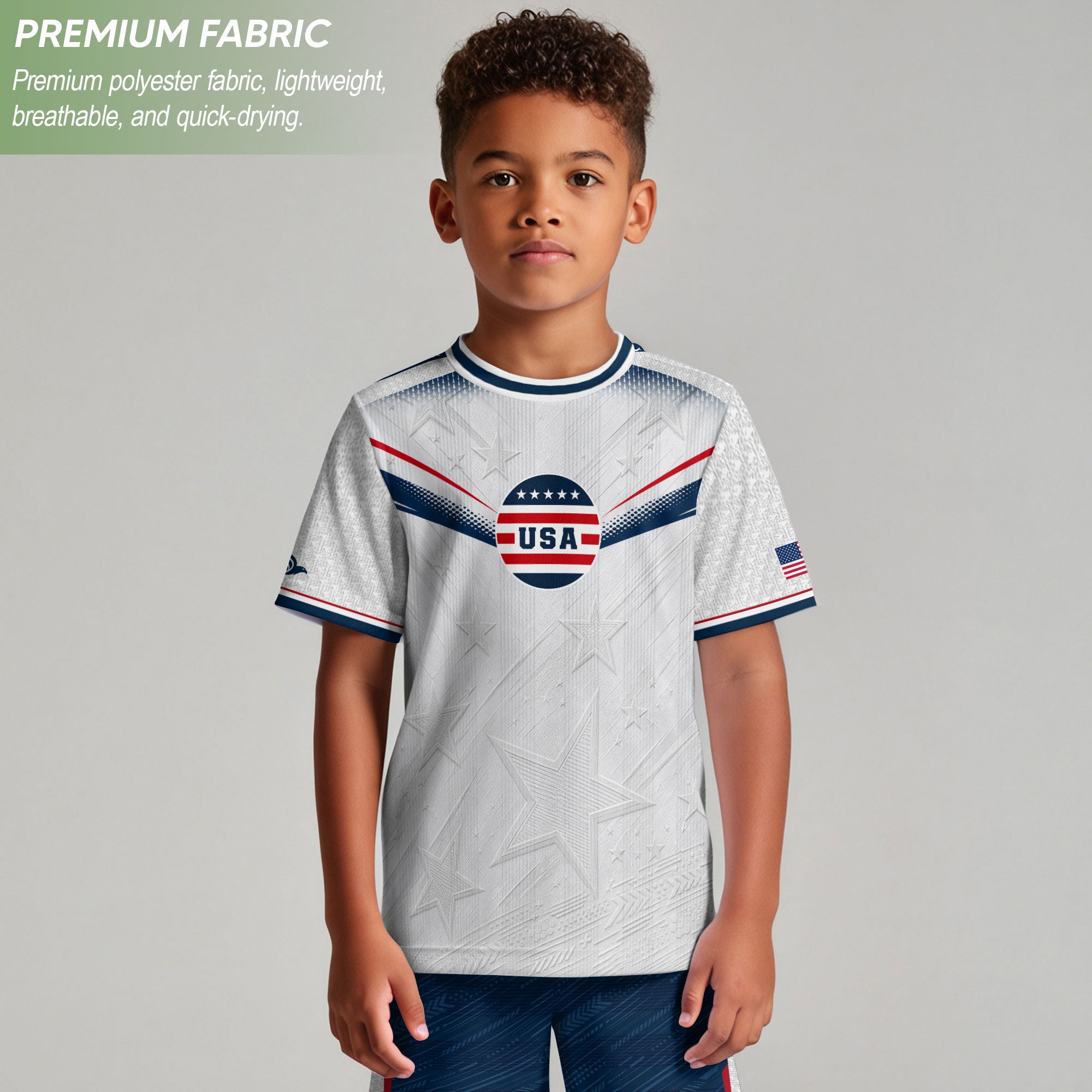 Kids USA Soccer Jersey Youth Patriotic White Chevron Emblem Star United States Sport Tee