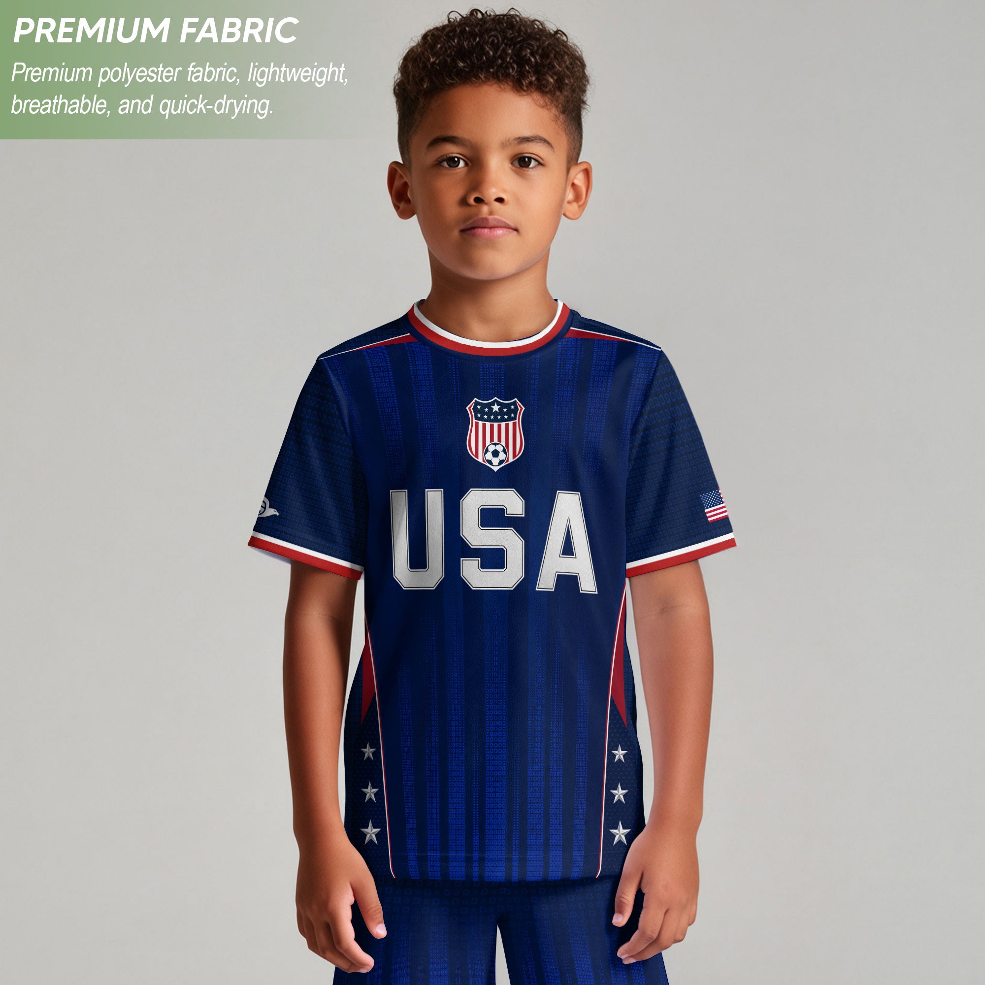 Kids USA Soccer Jersey Youth Patriotic Navy Vertical Stripe Star Side United States Tee