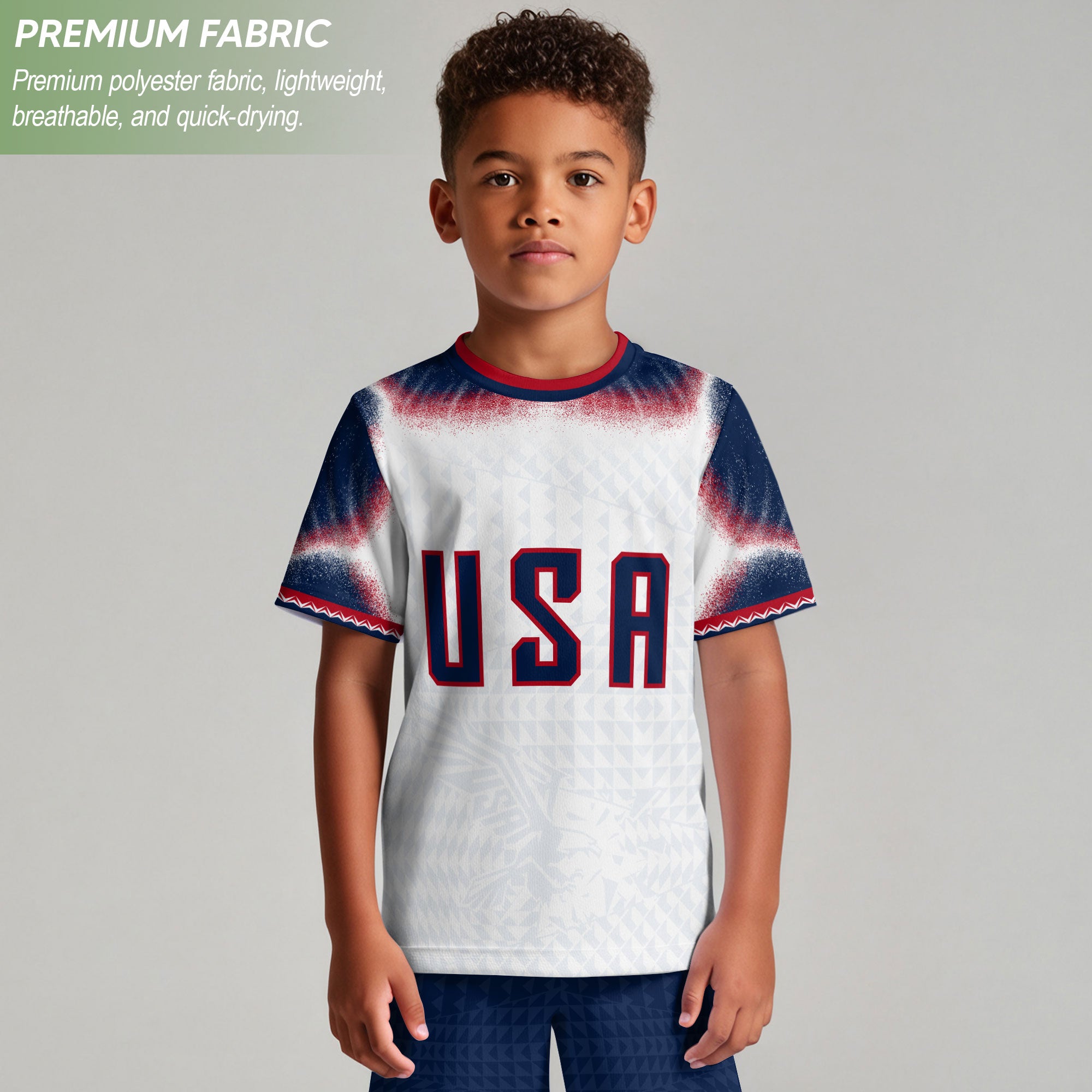 Kids USA Soccer Jersey White Youth Red Blue Patriotic Football Tee Shirt